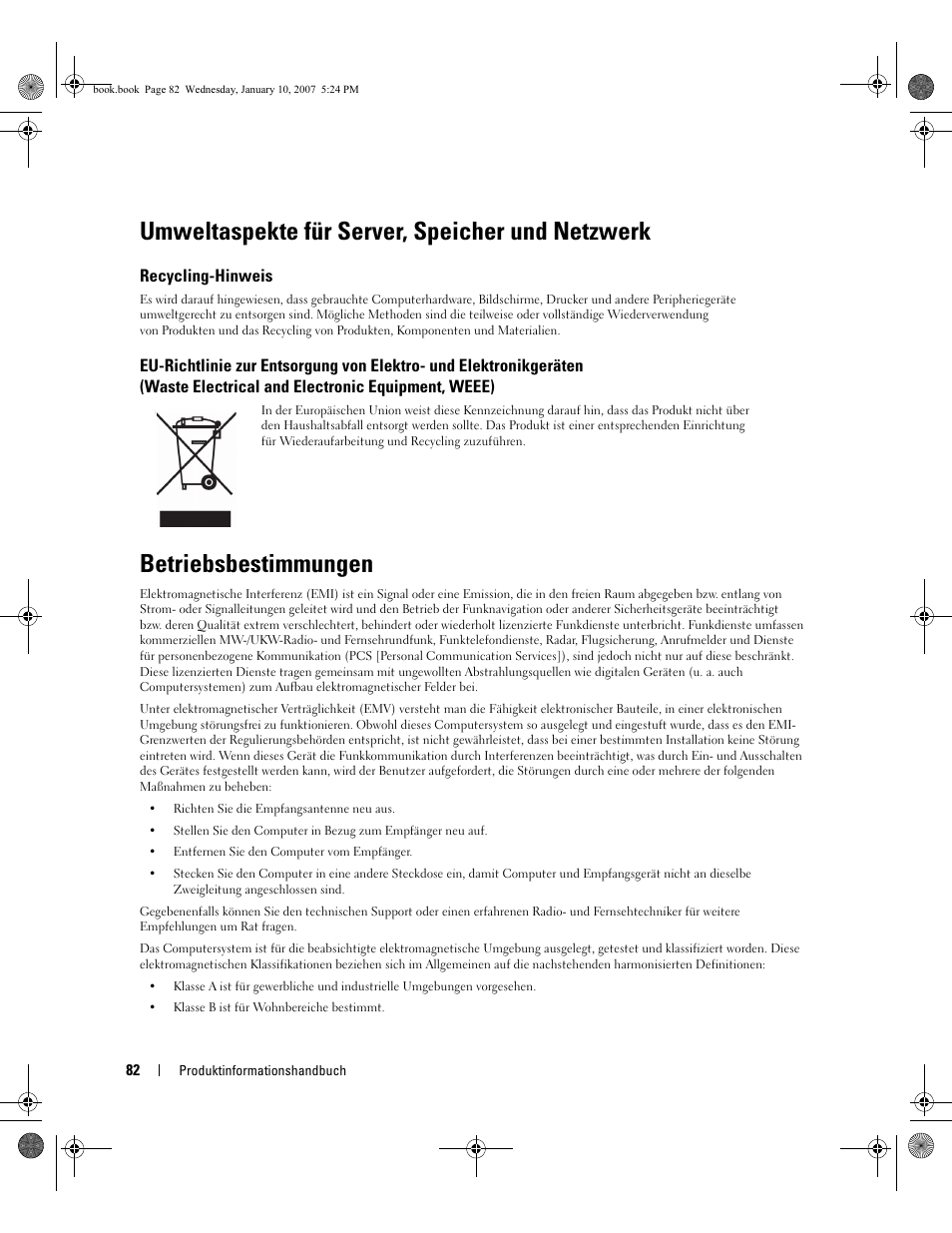 Umweltaspekte für server, speicher und netzwerk, Betriebsbestimmungen, Recycling-hinweis | Dell ECX User Manual | Page 84 / 222