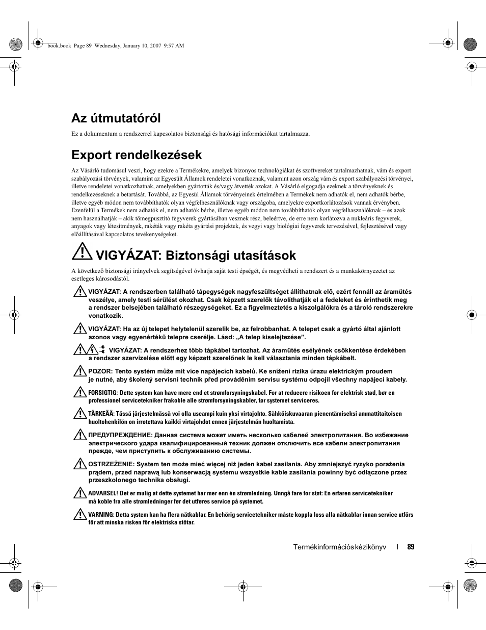 Az útmutatóról, Export rendelkezések, Vigyázat: biztonsági utasítások | Dell ECX User Manual | Page 91 / 222