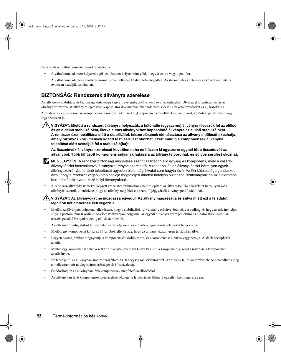 Biztonság: rendszerek állványra szerelése | Dell ECX User Manual | Page 94 / 222