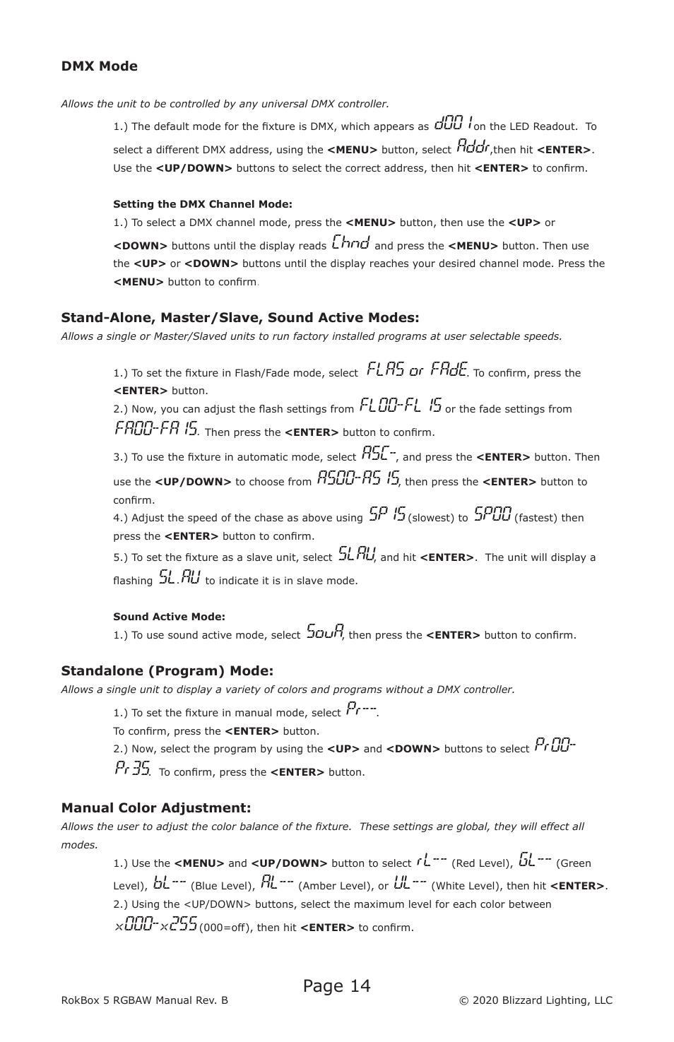 Page 14, D001, Addr | Chnd, Flas or fade, Fl00-fl15, Fa00-fa15, As00-as15, Sp15, Sp00 | Blizzard RokBox 5 RGBAW Color Wash LED Fixture User Manual | Page 14 / 20