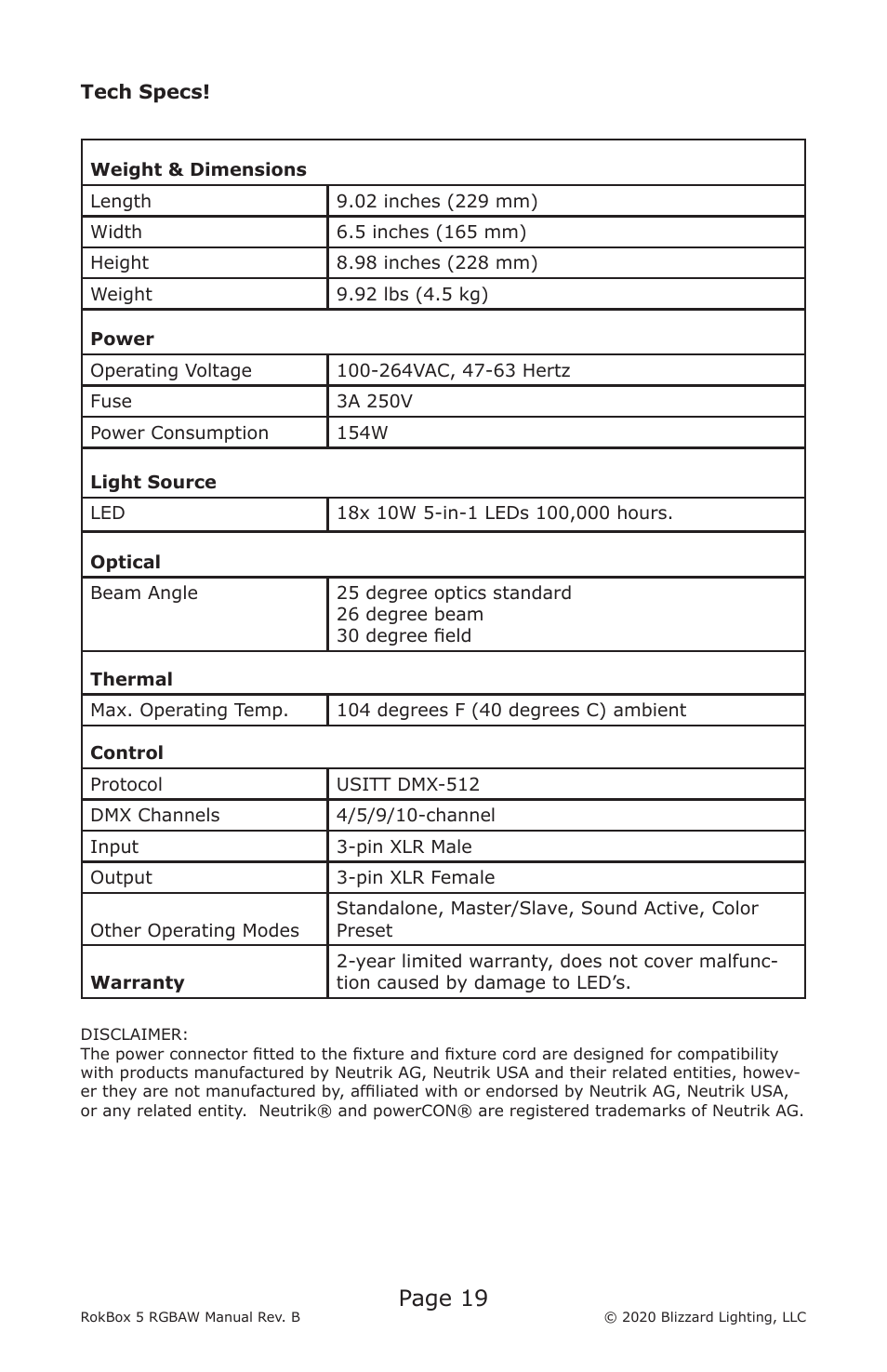 Page 19 | Blizzard RokBox 5 RGBAW Color Wash LED Fixture User Manual | Page 19 / 20