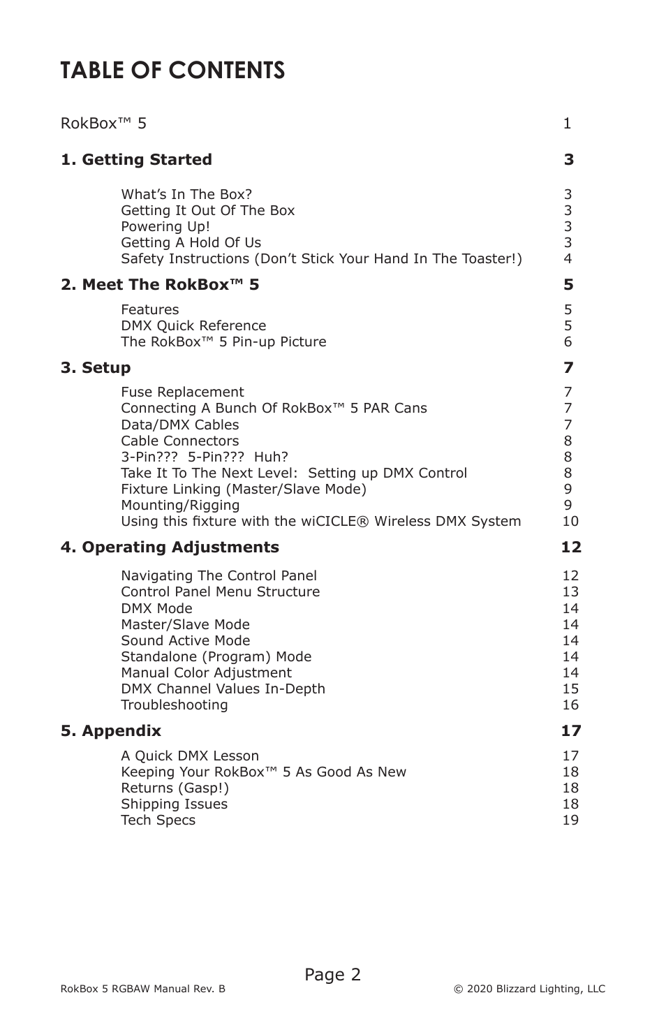 Blizzard RokBox 5 RGBAW Color Wash LED Fixture User Manual | Page 2 / 20