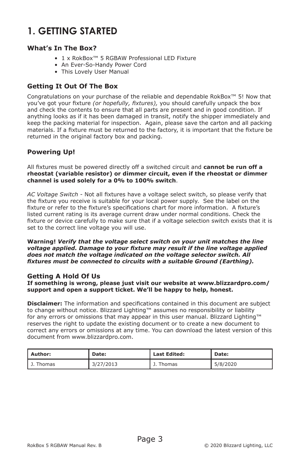 Getting started, Page 3 | Blizzard RokBox 5 RGBAW Color Wash LED Fixture User Manual | Page 3 / 20