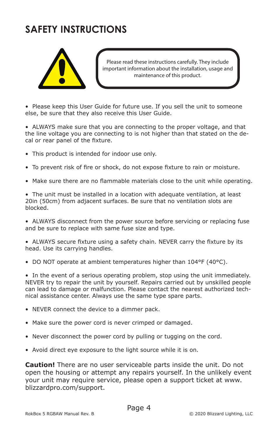 Safety instructions, Page 4 | Blizzard RokBox 5 RGBAW Color Wash LED Fixture User Manual | Page 4 / 20