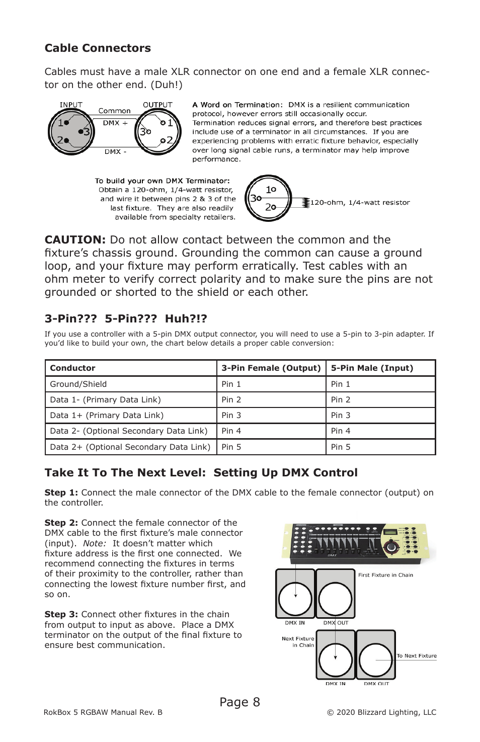 Page 8, Cable connectors, Take it to the next level: setting up dmx control | Blizzard RokBox 5 RGBAW Color Wash LED Fixture User Manual | Page 8 / 20