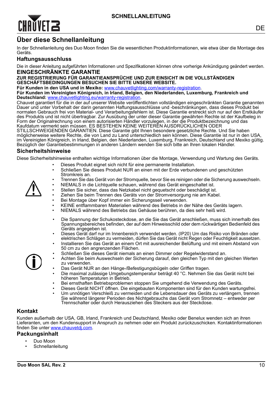 Über diese schnellanleitung, Haftungsausschluss, Eingeschränkte garantie | Sicherheitshinweise, Kontakt, Packungsinhalt, Schnellanleitung | CHAUVET DJ Duo Moon - Moonflower & Strobe LED Light (RGBW) User Manual | Page 11 / 20