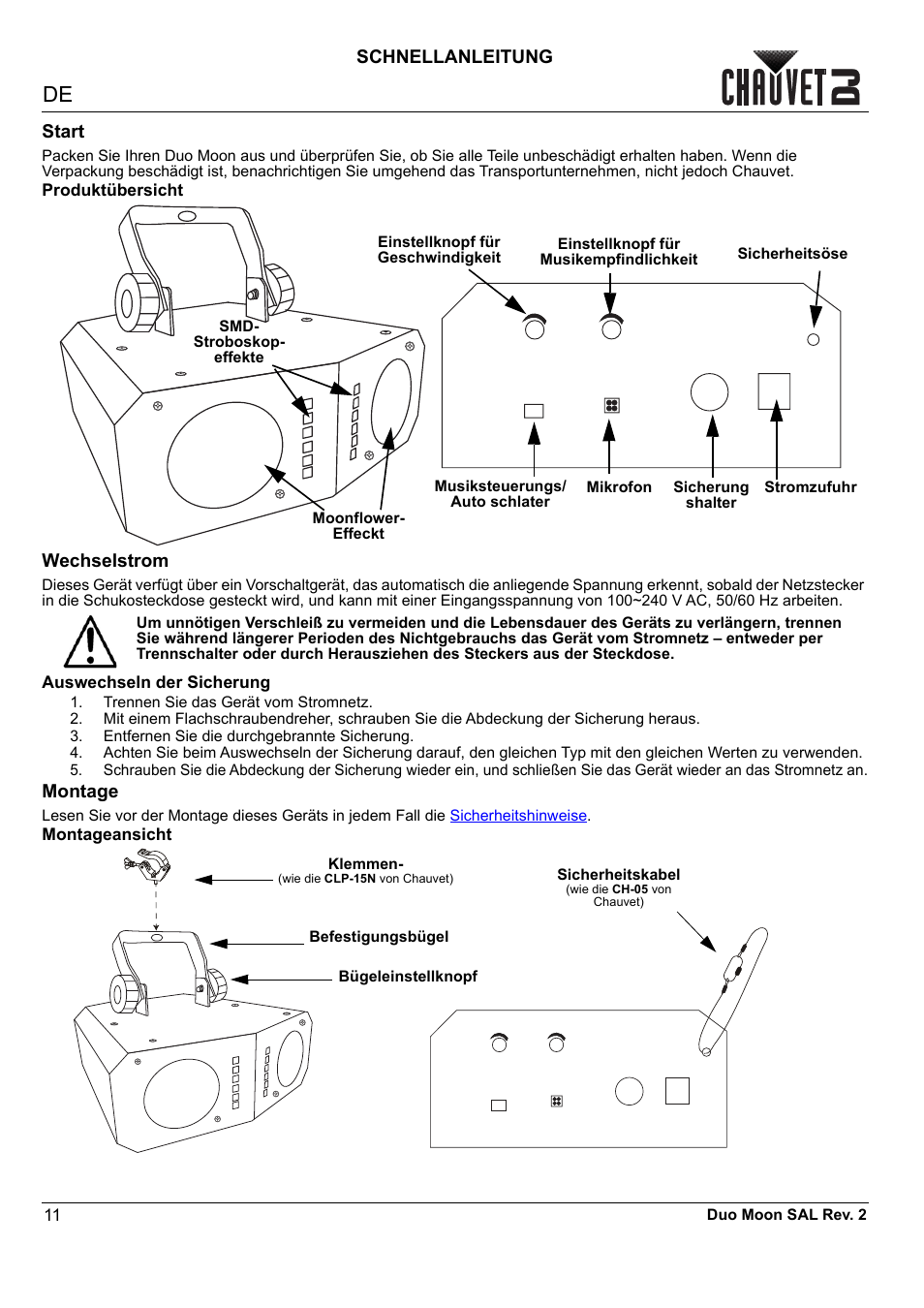 Start, Produktübersicht, Wechselstrom | Auswechseln der sicherung, Montage, Montageansicht, Schnellanleitung | CHAUVET DJ Duo Moon - Moonflower & Strobe LED Light (RGBW) User Manual | Page 12 / 20