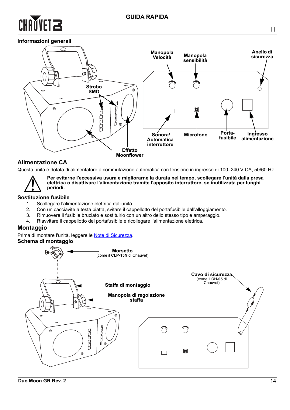 Informazioni generali, Alimentazione ca, Sostituzione fusibile | Montaggio, Schema di montaggio, Guida rapida | CHAUVET DJ Duo Moon - Moonflower & Strobe LED Light (RGBW) User Manual | Page 15 / 20