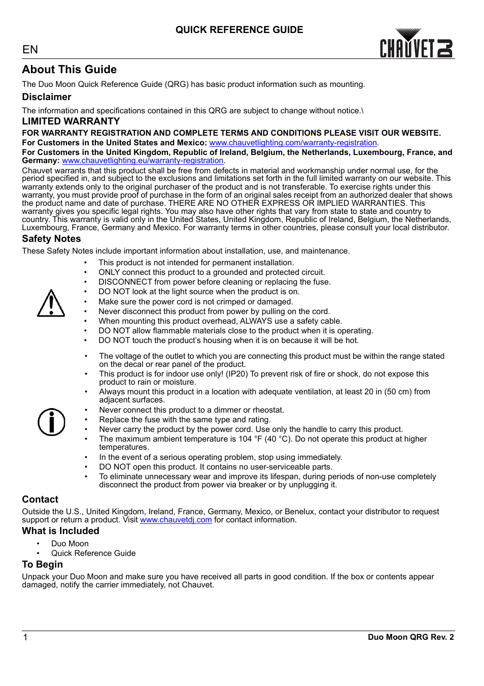 About this guide, Disclaimer, Limited warranty | Safety notes, Contact, What is included, To begin, Quick reference guide | CHAUVET DJ Duo Moon - Moonflower & Strobe LED Light (RGBW) User Manual | Page 2 / 20