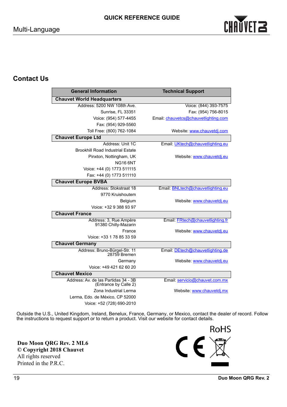 Contact us, Multi-language, Quick reference guide | CHAUVET DJ Duo Moon - Moonflower & Strobe LED Light (RGBW) User Manual | Page 20 / 20