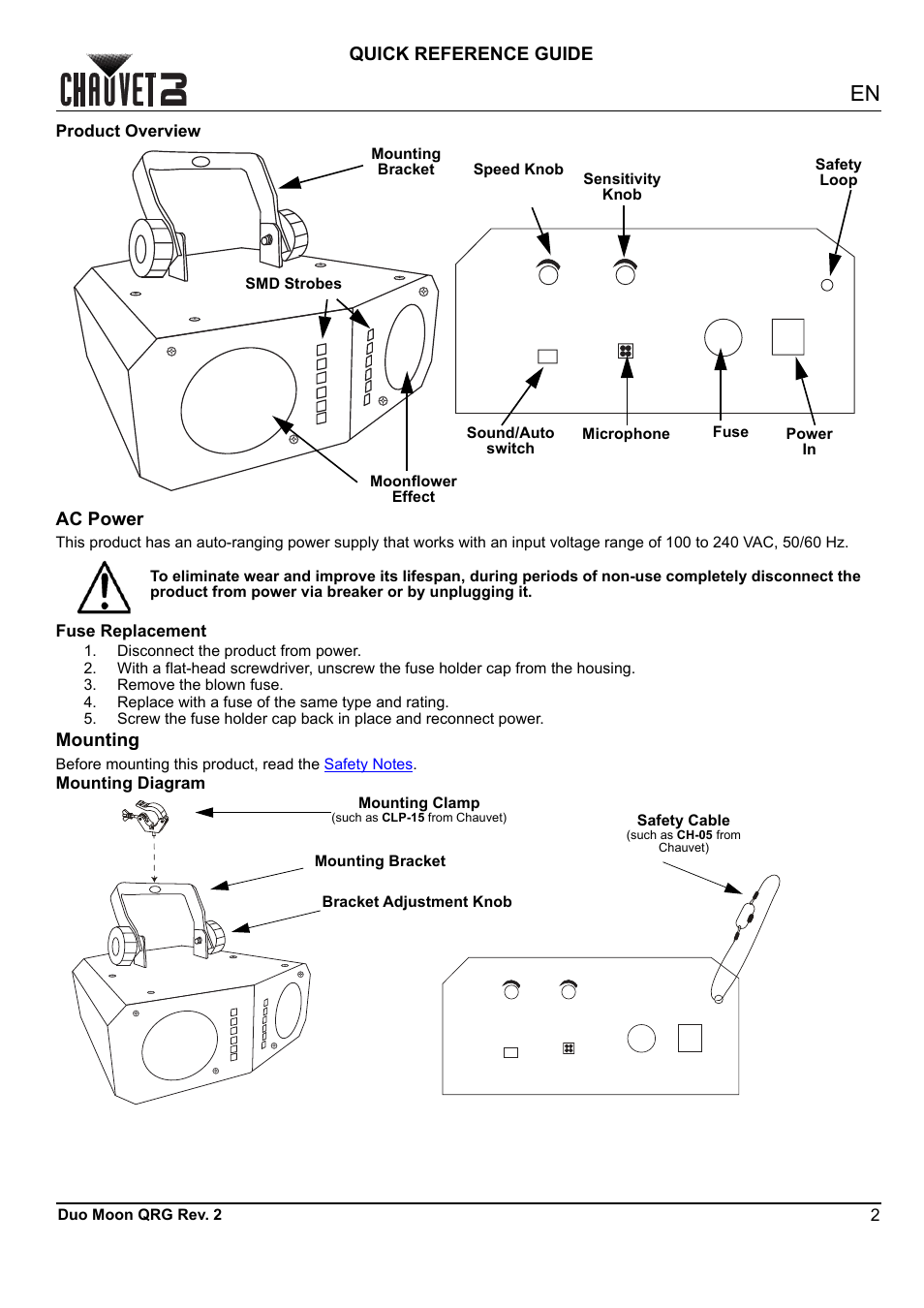 Product overview, Ac power, Fuse replacement | Mounting, Mounting diagram, Quick reference guide | CHAUVET DJ Duo Moon - Moonflower & Strobe LED Light (RGBW) User Manual | Page 3 / 20