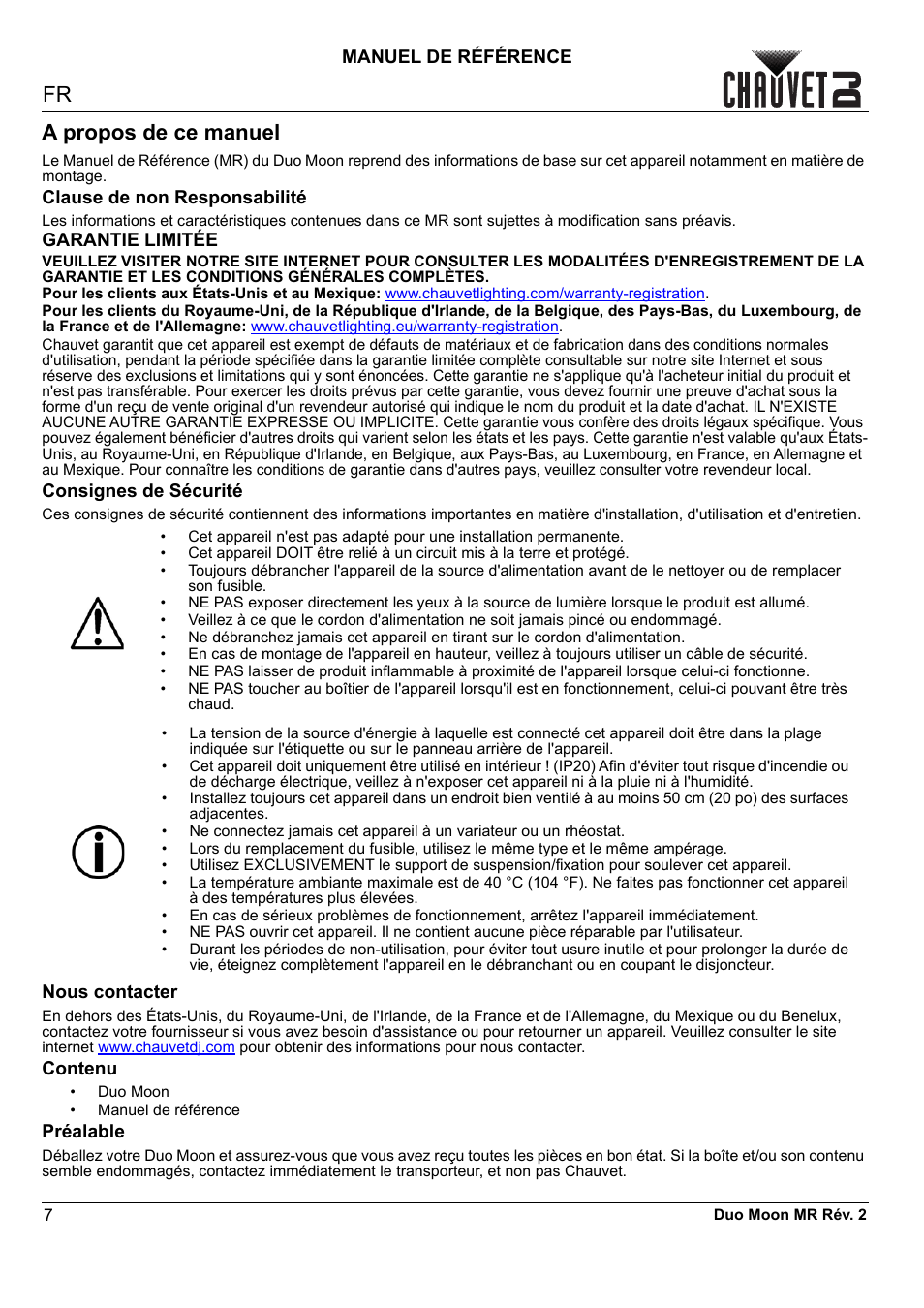 A propos de ce manuel, Clause de non responsabilité, Garantie limitée | Consignes de sécurité, Nous contacter, Contenu, Préalable, Manuel de référence | CHAUVET DJ Duo Moon - Moonflower & Strobe LED Light (RGBW) User Manual | Page 8 / 20