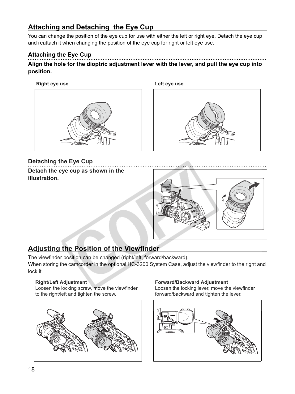 Attaching and detaching the eye cup, Adjusting the position of the viewfinder | Canon XLH1 User Manual | Page 18 / 157