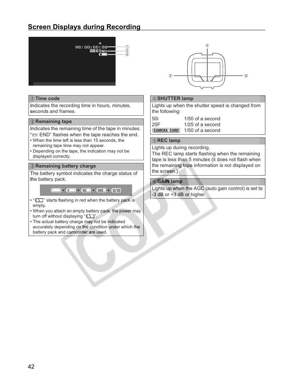 Screen displays during recording | Canon XLH1 User Manual | Page 42 / 157