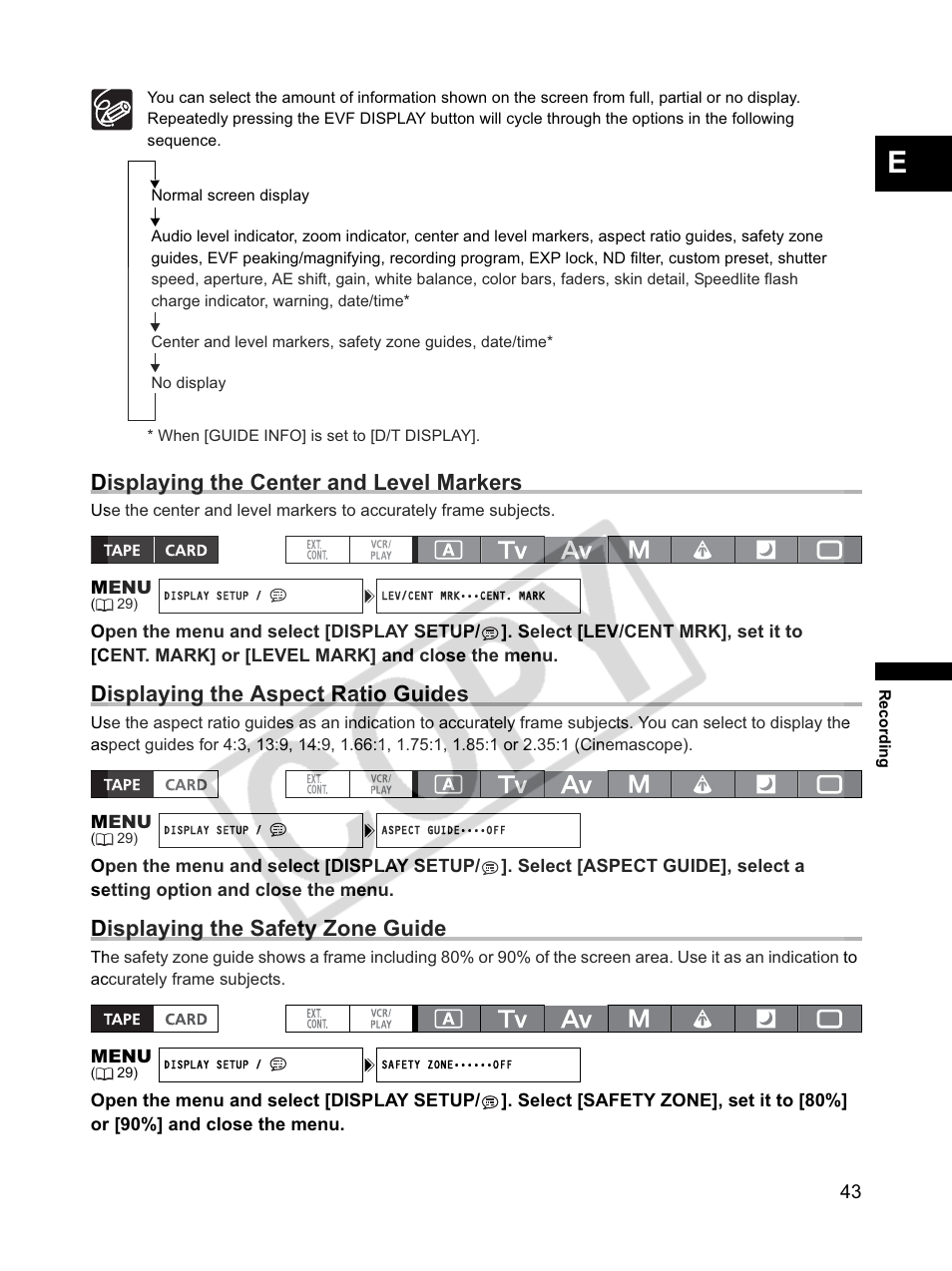 Displaying the center and level markers, Displaying the aspect ratio guides, Displaying the safety zone guide | Canon XLH1 User Manual | Page 43 / 157