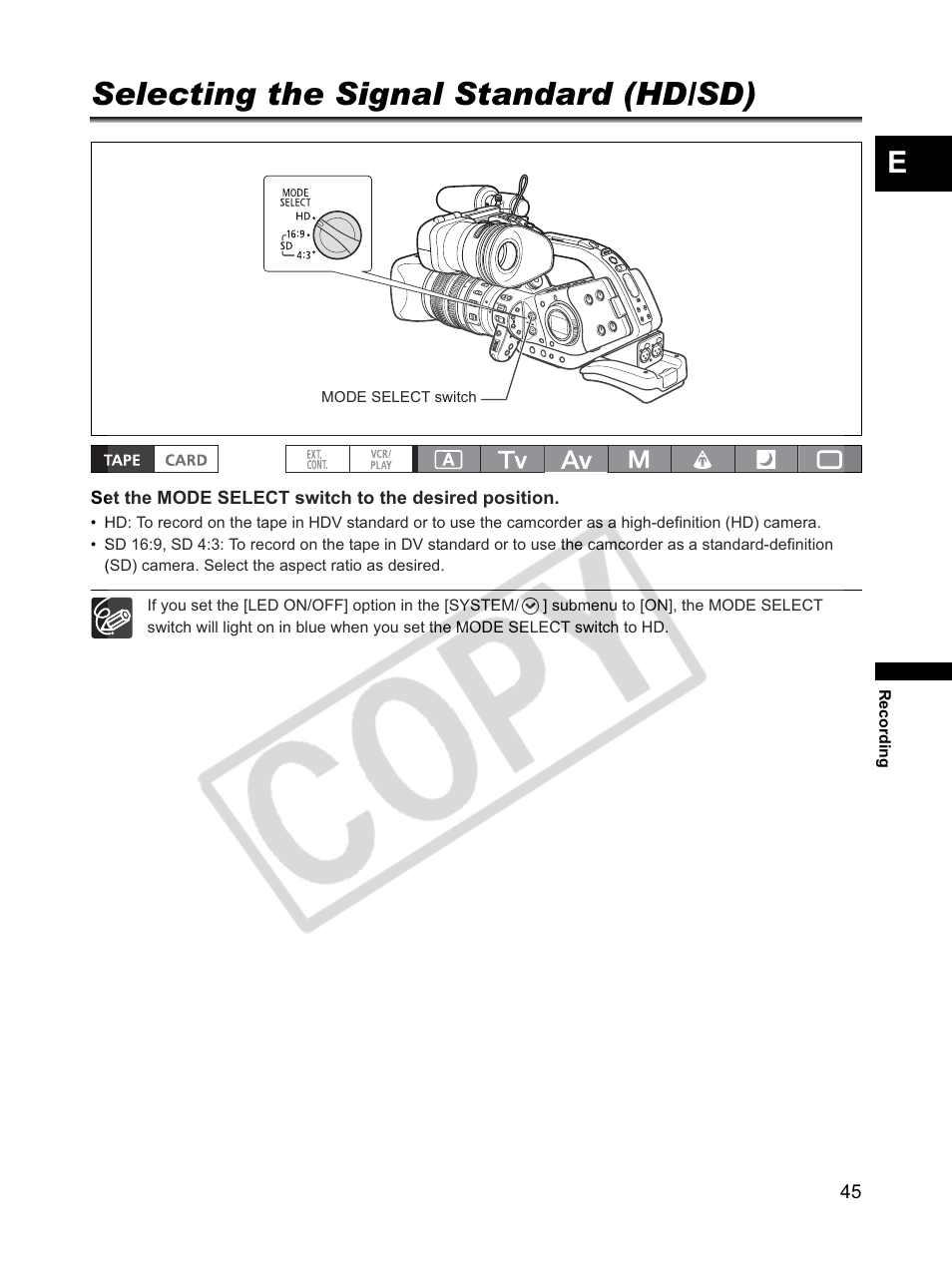 Selecting the signal standard (hd/sd) | Canon XLH1 User Manual | Page 45 / 157