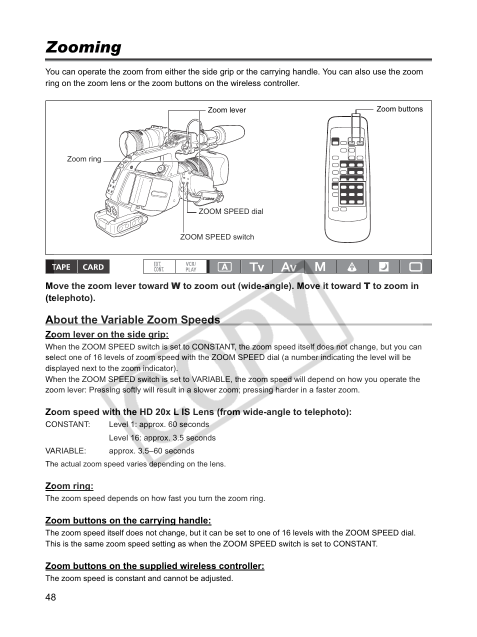 Zooming, About the variable zoom speeds | Canon XLH1 User Manual | Page 48 / 157