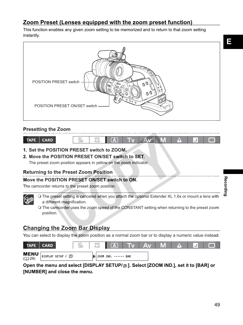 Changing the zoom bar display | Canon XLH1 User Manual | Page 49 / 157