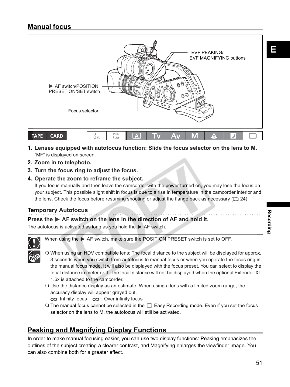 Manual focus, Peaking and magnifying display functions | Canon XLH1 User Manual | Page 51 / 157