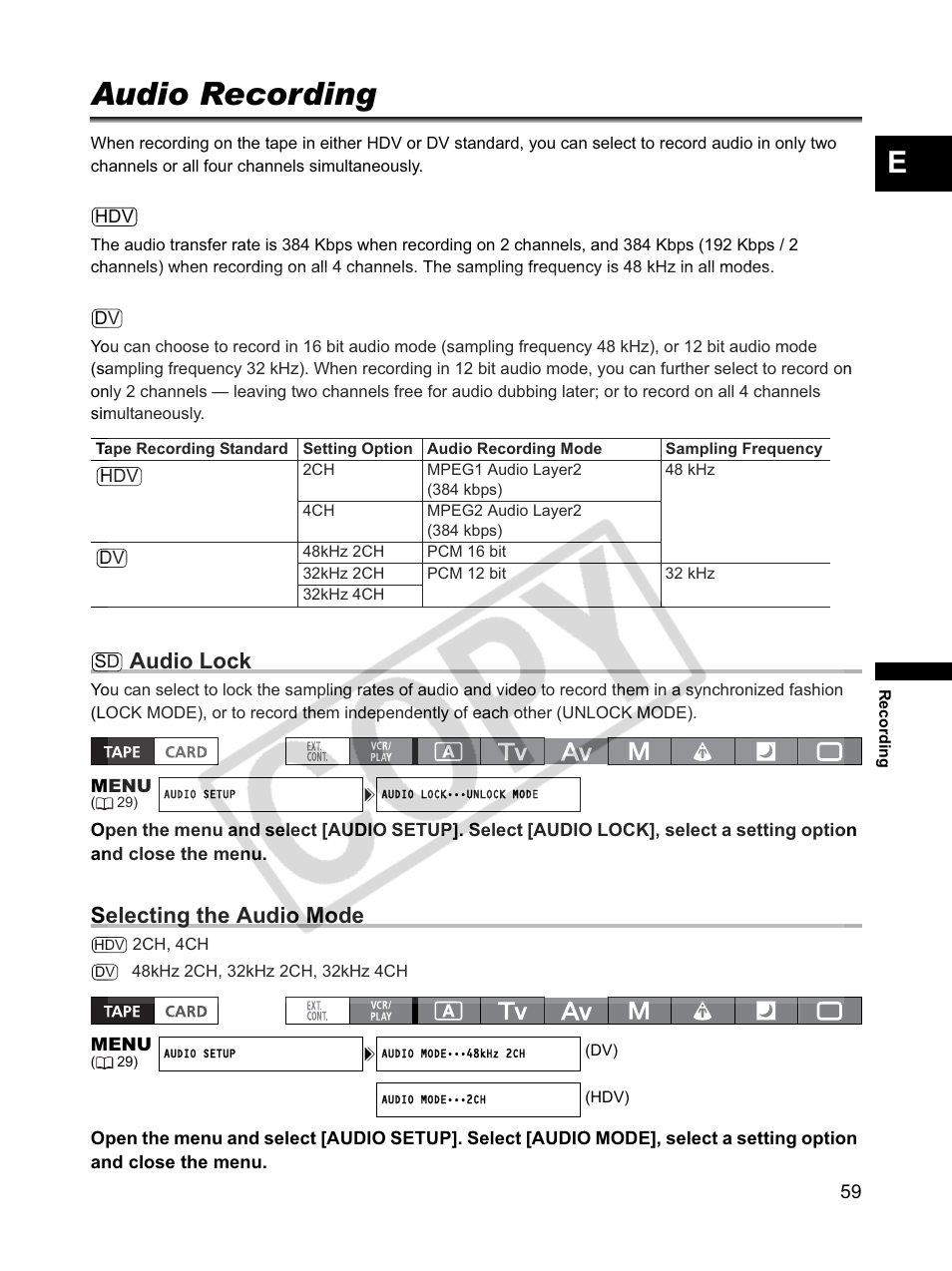 Audio recording, Audio lock, Selecting the audio mode | Canon XLH1 User Manual | Page 59 / 157