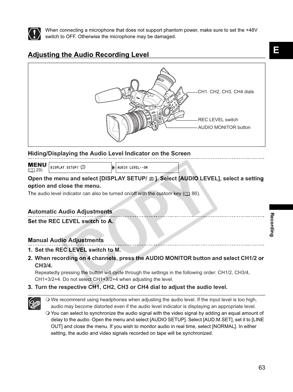 Adjusting the audio recording level | Canon XLH1 User Manual | Page 63 / 157