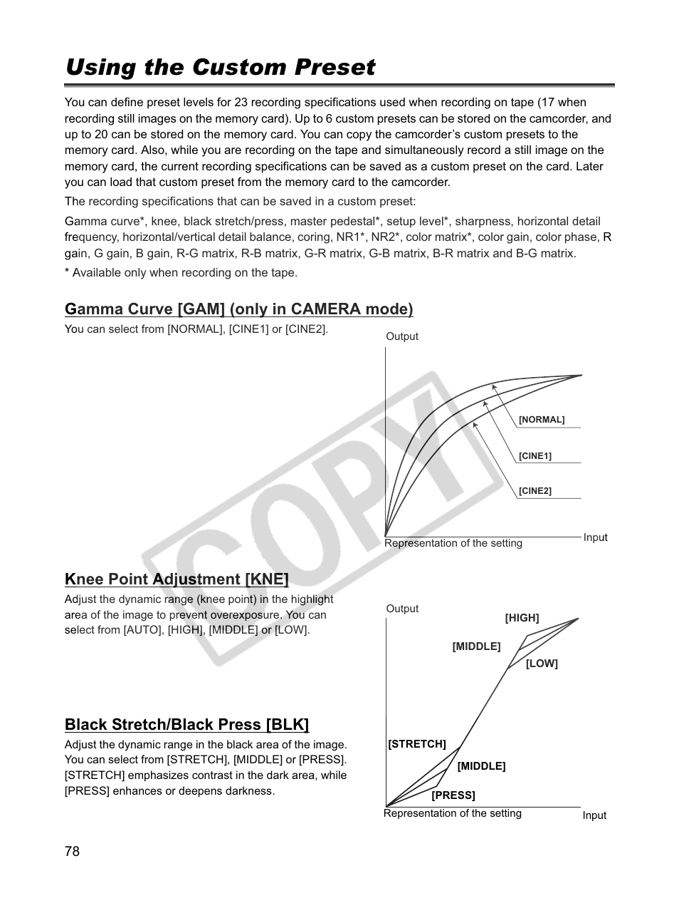 Using the custom preset, Gamma curve [gam] (only in camera mode), Knee point adjustment [kne | Black stretch/black press [blk | Canon XLH1 User Manual | Page 78 / 157