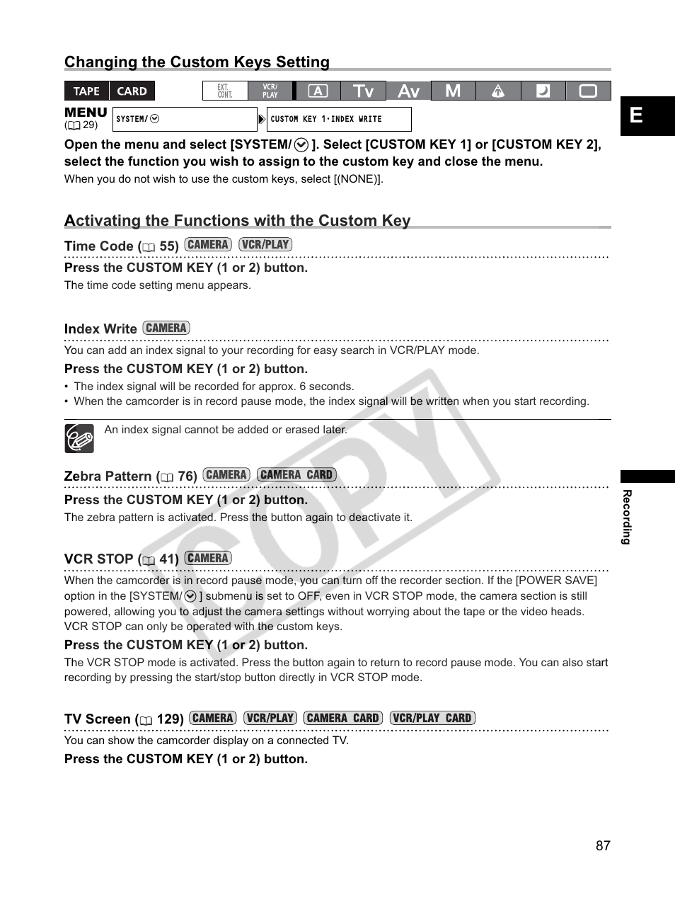 Changing the custom keys setting, Activating the functions with the custom key | Canon XLH1 User Manual | Page 87 / 157