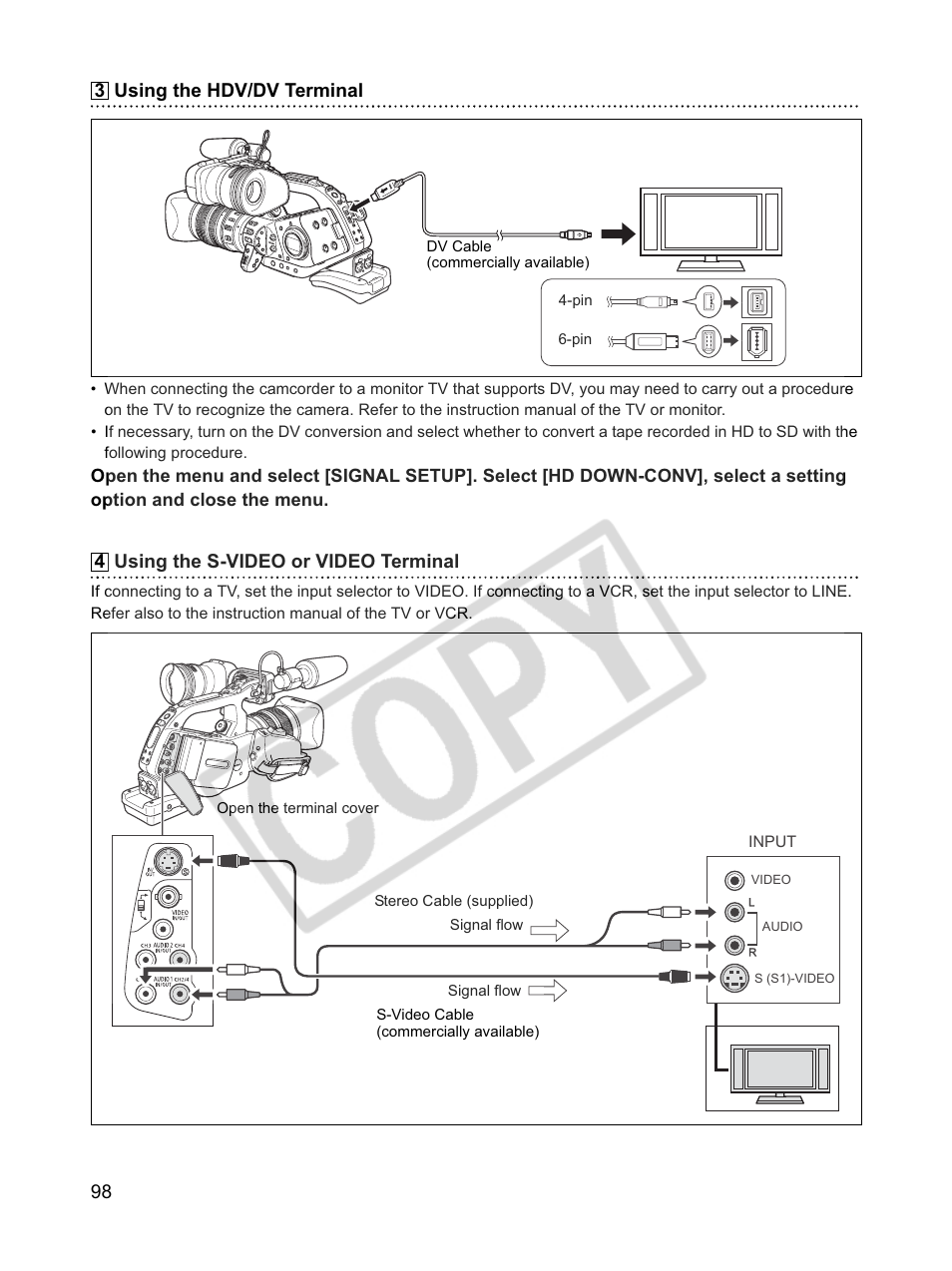 98 using the hdv/dv terminal, Using the s-video or video terminal | Canon XLH1 User Manual | Page 98 / 157