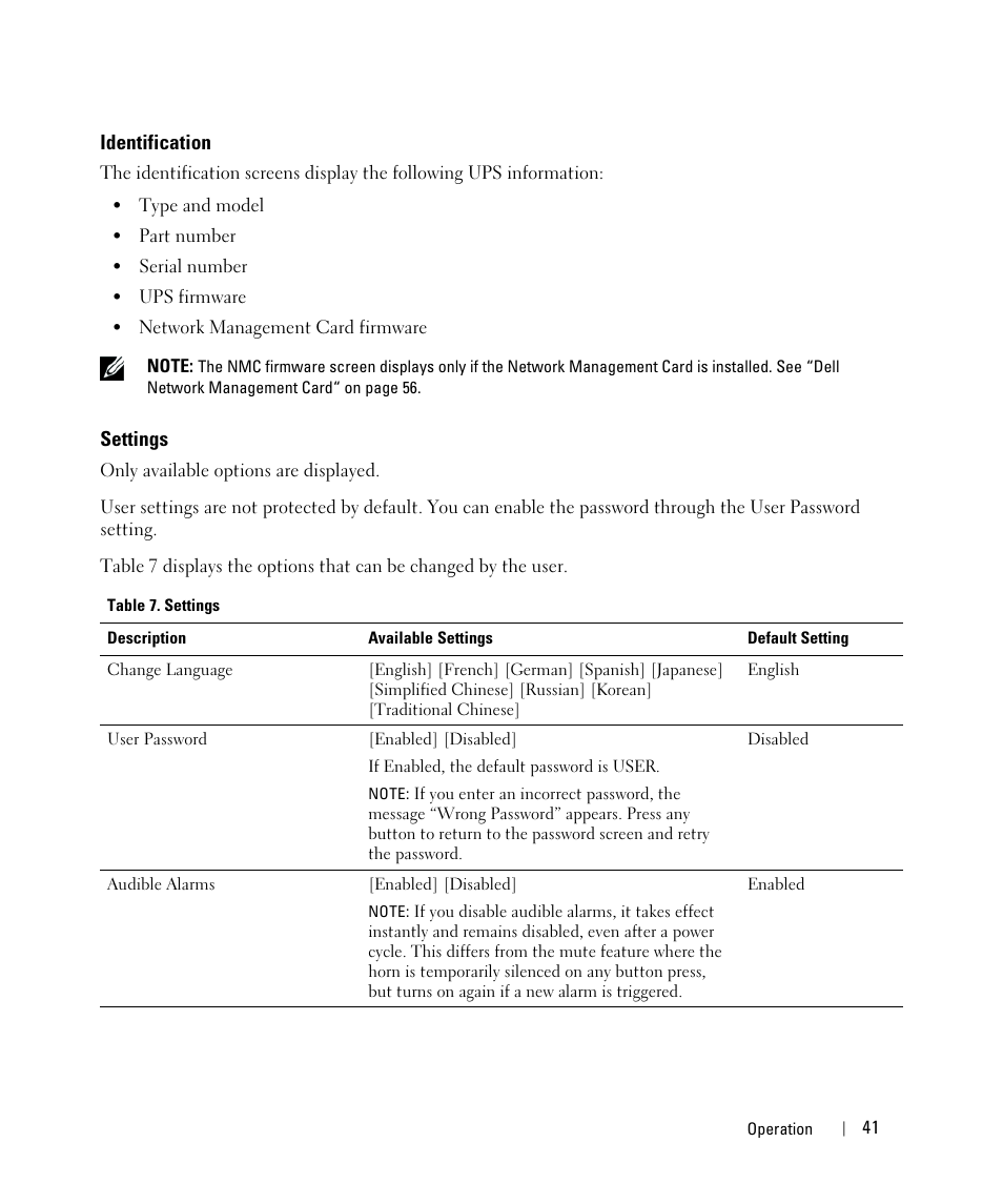 Identification, Settings | Dell H967N User Manual | Page 41 / 71