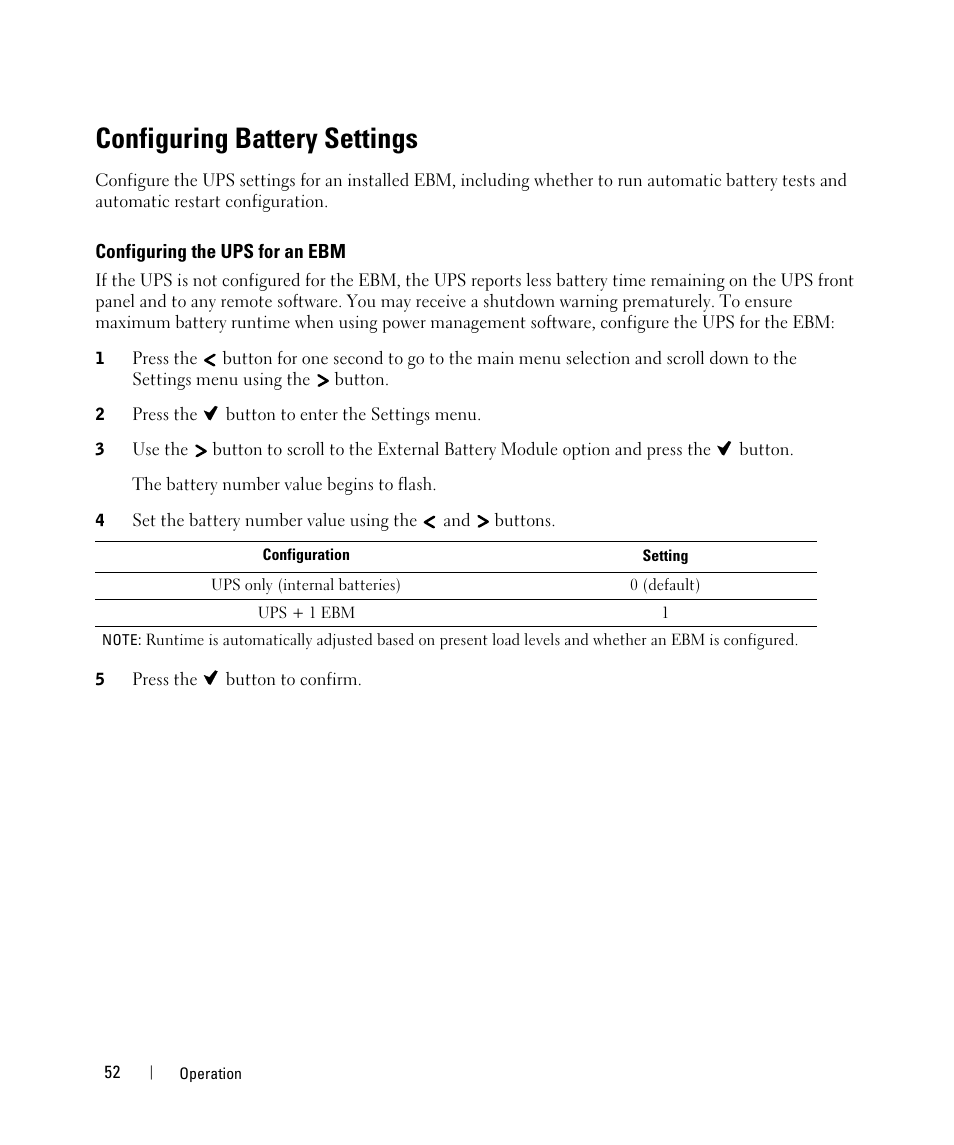 Configuring battery settings, Configuring the ups for an ebm | Dell H967N User Manual | Page 52 / 71