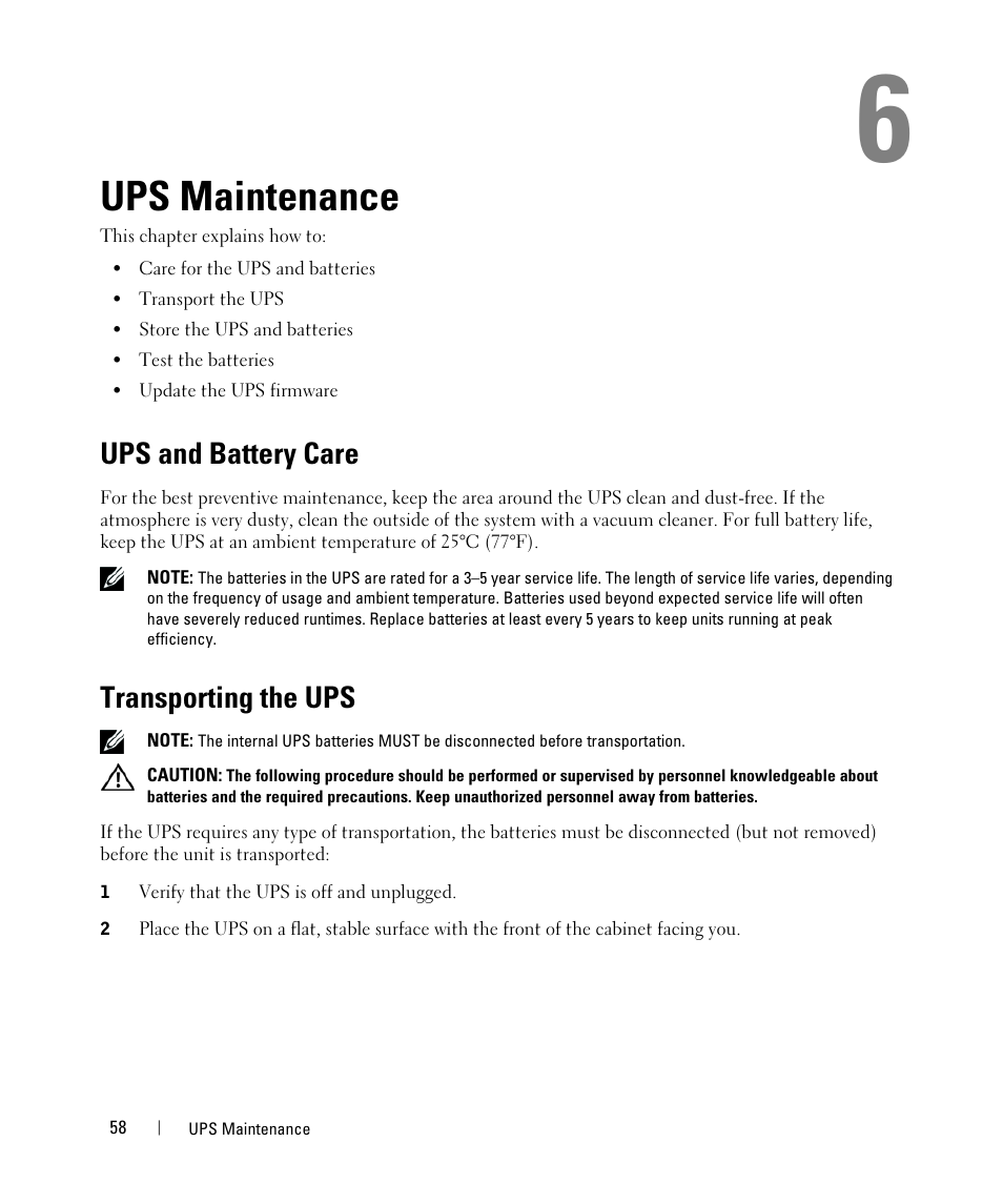 Ups maintenance, Ups and battery care, Transporting the ups | Dell H967N User Manual | Page 58 / 71