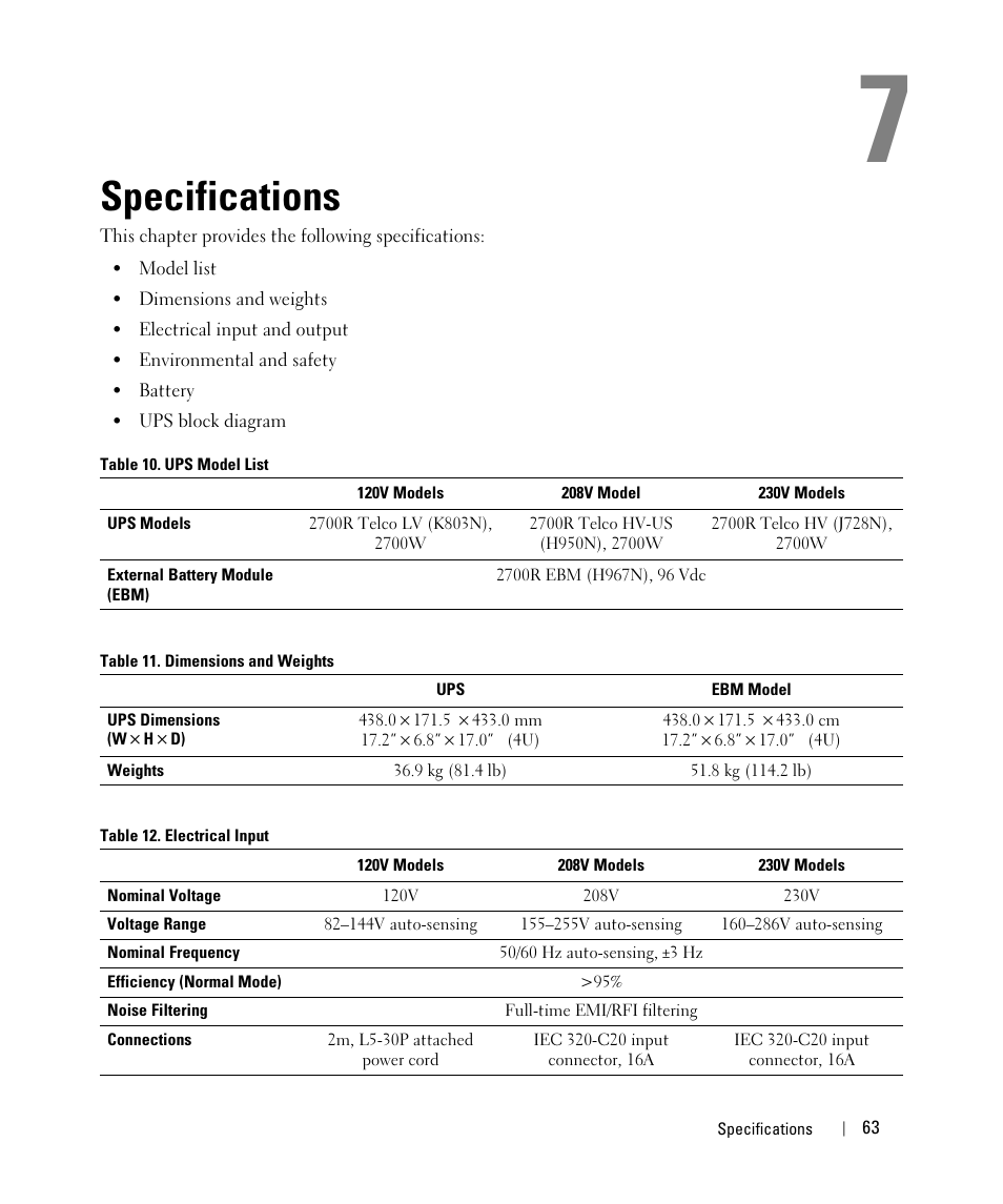 Specifications | Dell H967N User Manual | Page 63 / 71