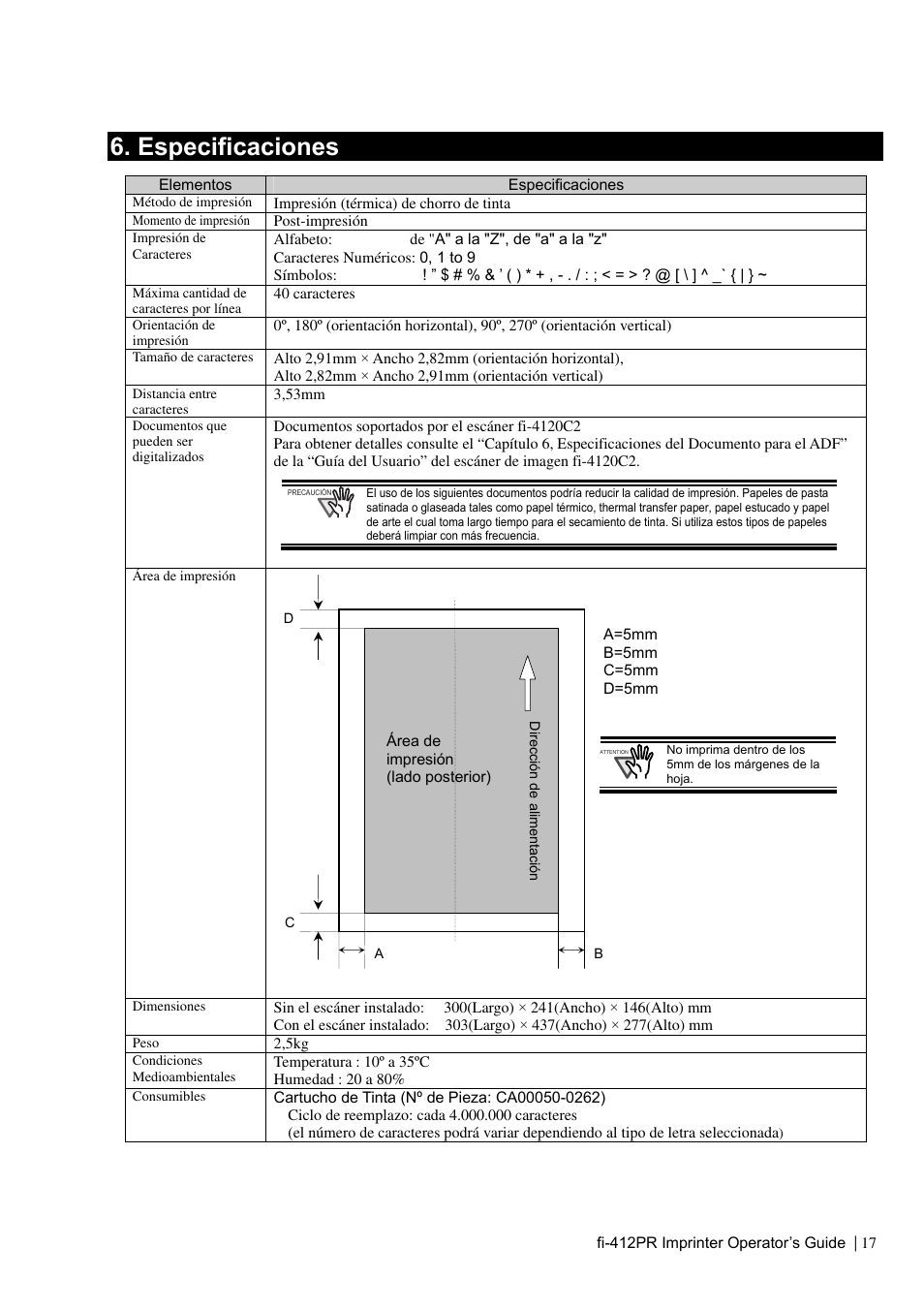 Mensajes de error, Especificaciones | Dell fi-412PR User Manual | Page 101 / 128