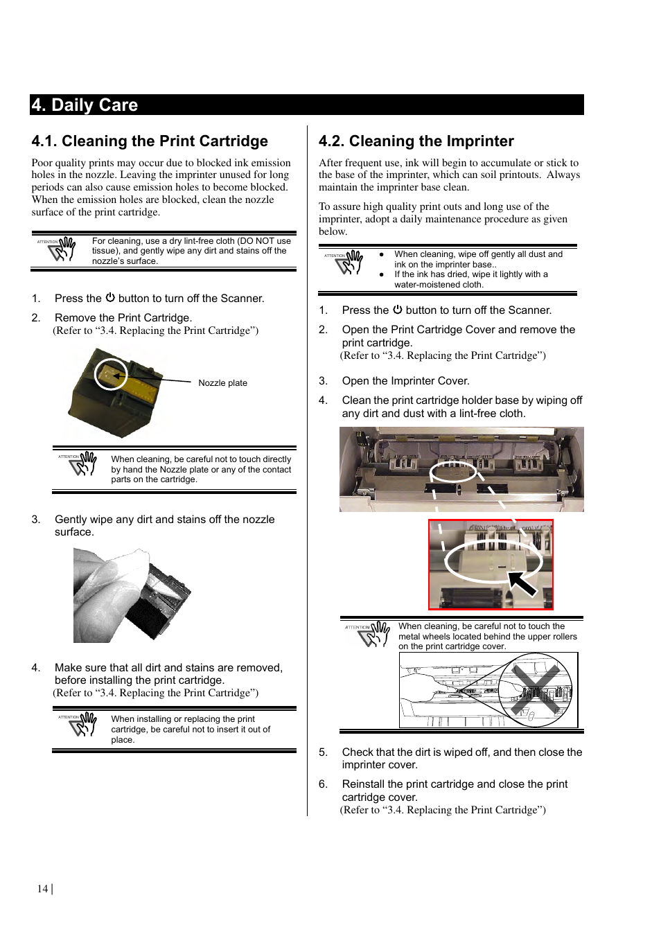 Daily care, Cleaning the print cartridge, Cleaning the imprinter | Dell fi-412PR User Manual | Page 18 / 128