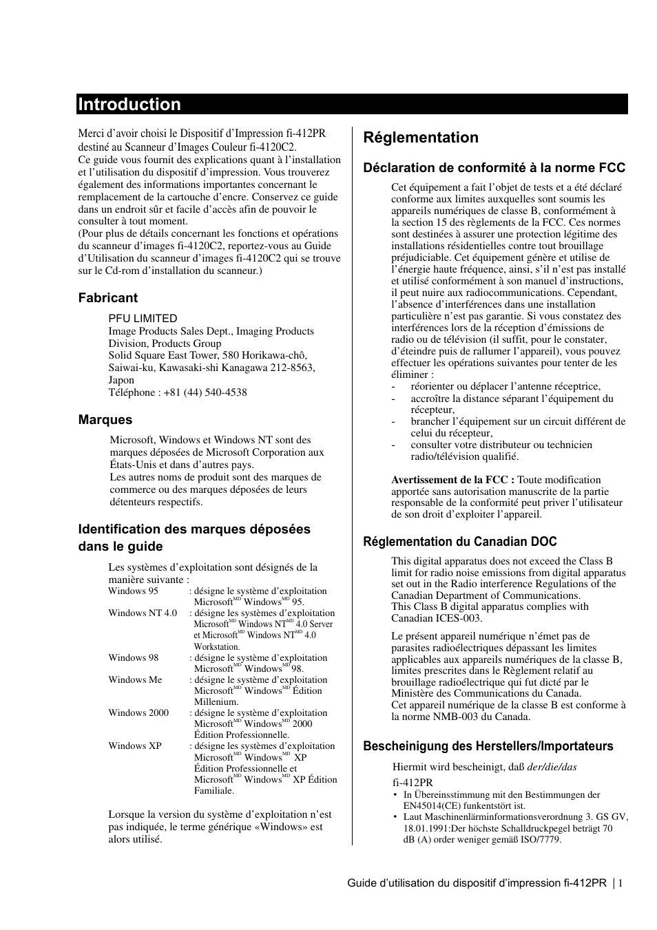 Introduction, Réglementation, Fabricant | Marques, Identification des marques déposées dans le guide, Déclaration de conformité à la norme fcc, Réglementation du canadian doc, Bescheinigung des herstellers/importateurs | Dell fi-412PR User Manual | Page 25 / 128