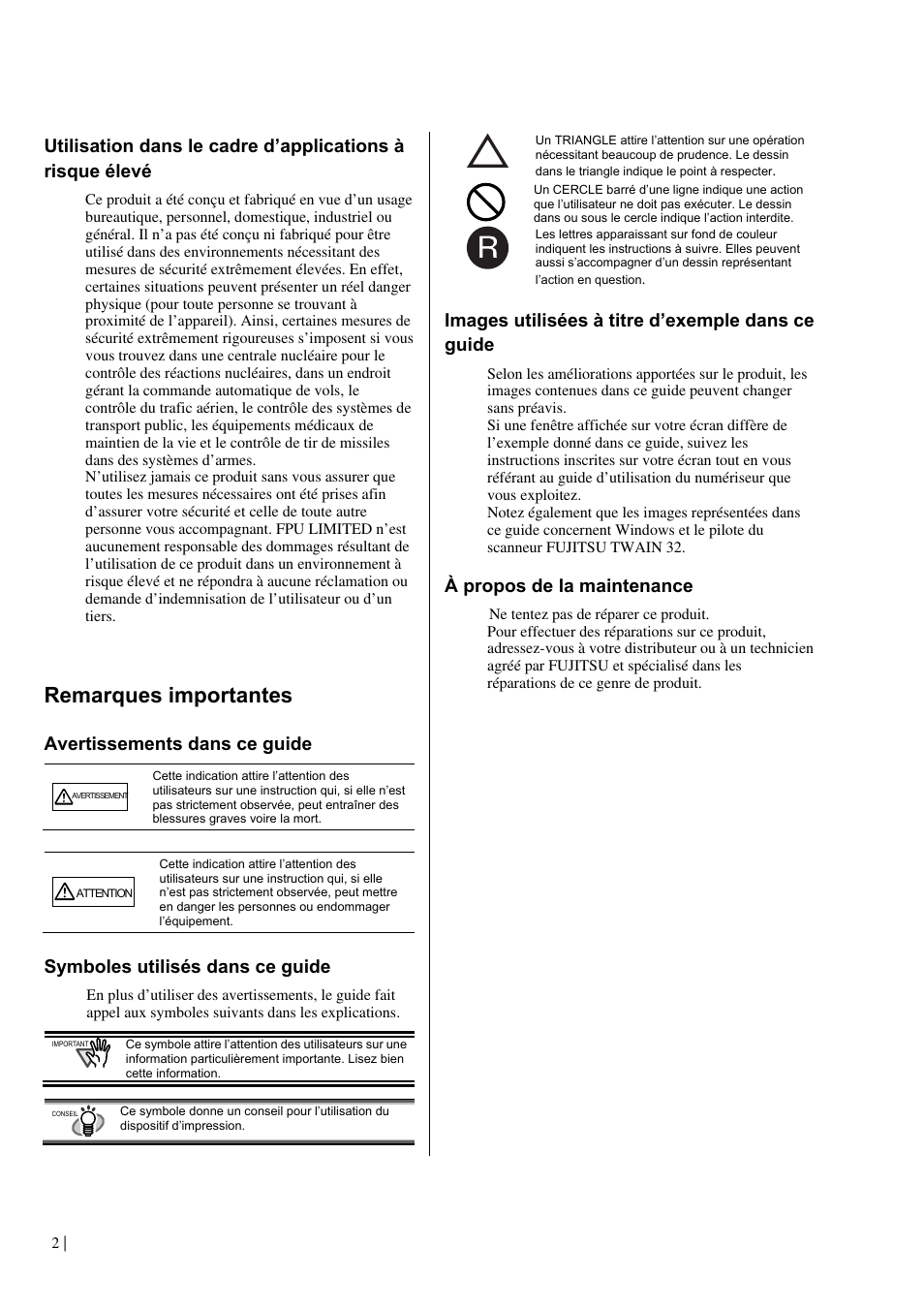 Remarques importantes, Avertissements dans ce guide, Symboles utilisés dans ce guide | Images utilisées à titre d’exemple dans ce guide, À propos de la maintenance | Dell fi-412PR User Manual | Page 26 / 128