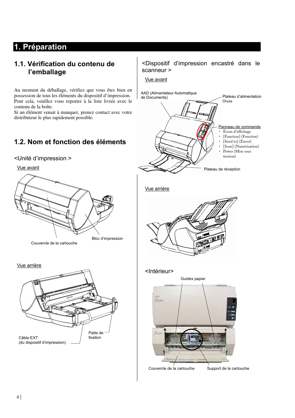 Préparation, Vérification du contenu de l’emballage, Nom et fonction des éléments | Dell fi-412PR User Manual | Page 28 / 128