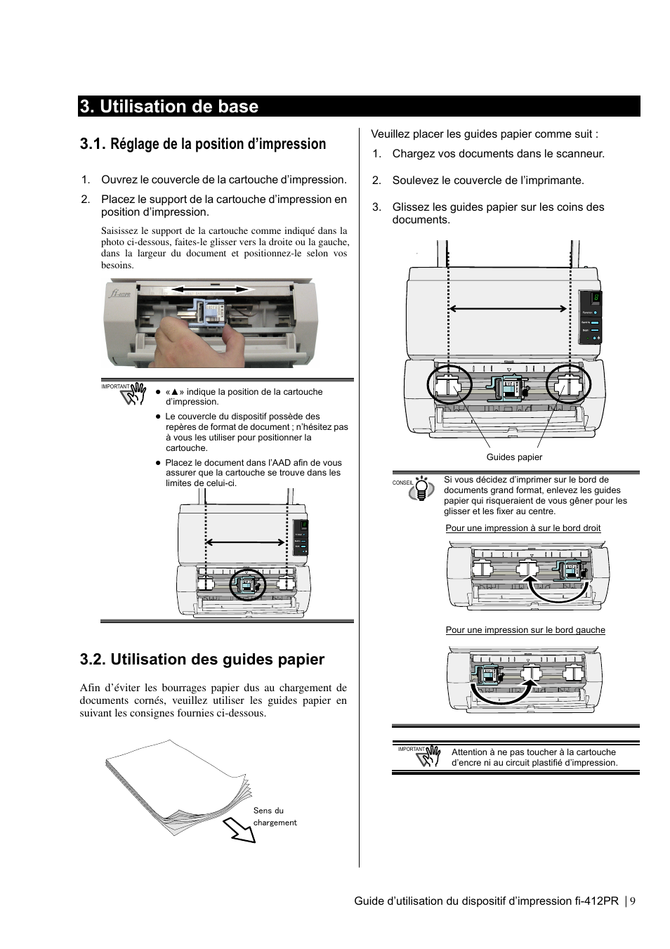 Utilisation de base, Réglage de la position d’impression, Utilisation des guides papier | Dell fi-412PR User Manual | Page 33 / 128