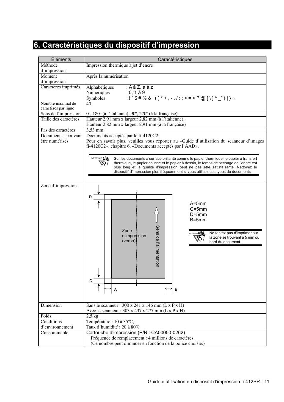 Messages d’erreur, Caractéristiques du dispositif d’impression | Dell fi-412PR User Manual | Page 41 / 128