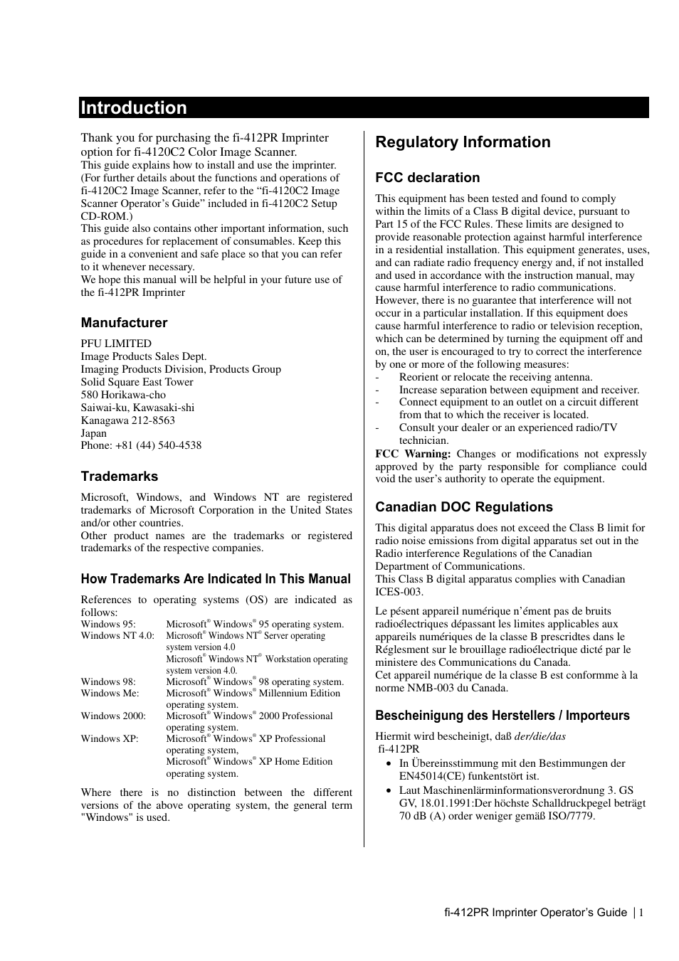 Introduction, Regulatory information, Manufacturer | Trademarks, How trademarks are indicated in this manual, Fcc declaration, Canadian doc regulations, Bescheinigung des herstellers / importeurs | Dell fi-412PR User Manual | Page 5 / 128