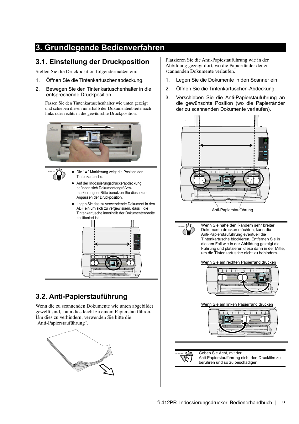 Grundlegende bedienverfahren, Einstellung der druckposition, Anti-papierstauführung | Dell fi-412PR User Manual | Page 53 / 128