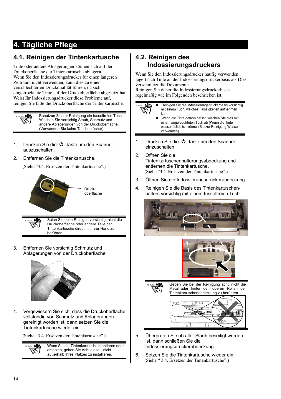 Tägliche pflege, Reinigen der tintenkartusche, Reinigen des indossierungsdruckers | Dell fi-412PR User Manual | Page 58 / 128