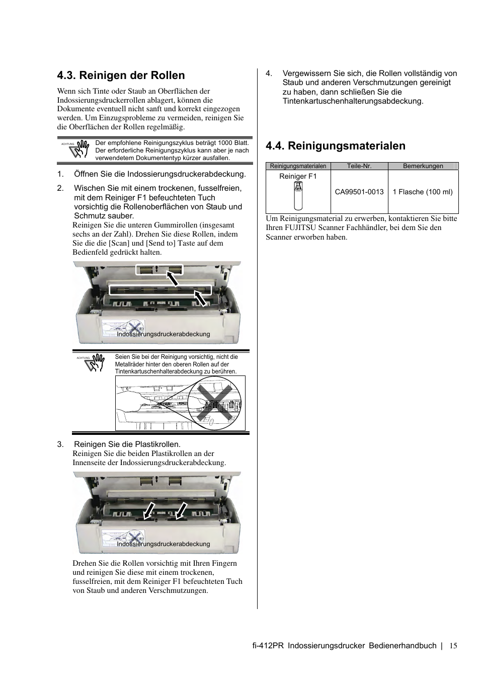 Reinigen der rollen, Reinigungsmaterialen | Dell fi-412PR User Manual | Page 59 / 128