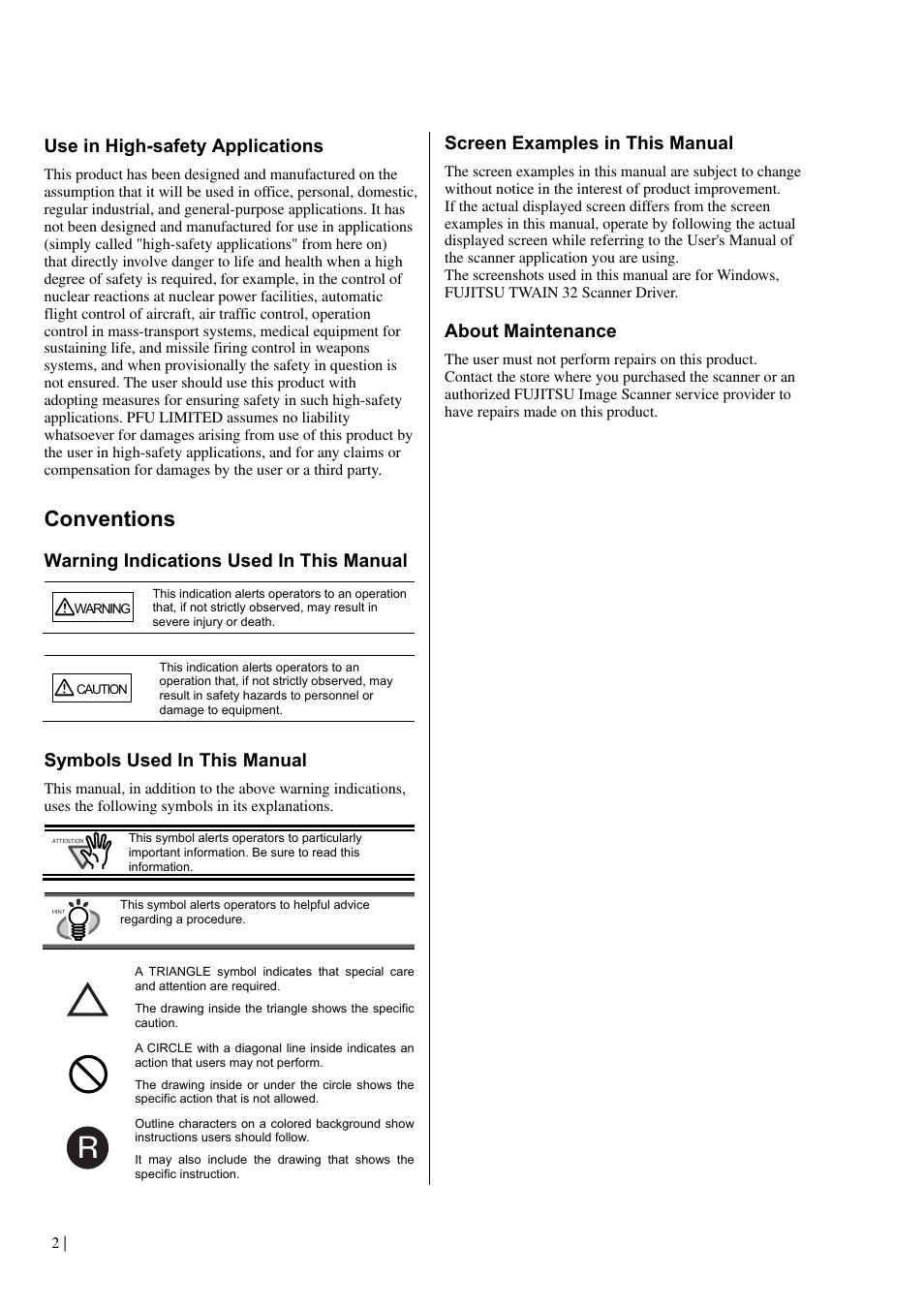 Conventions, Use in high-safety applications, Warning indications used in this manual | Symbols used in this manual, Screen examples in this manual, About maintenance | Dell fi-412PR User Manual | Page 6 / 128