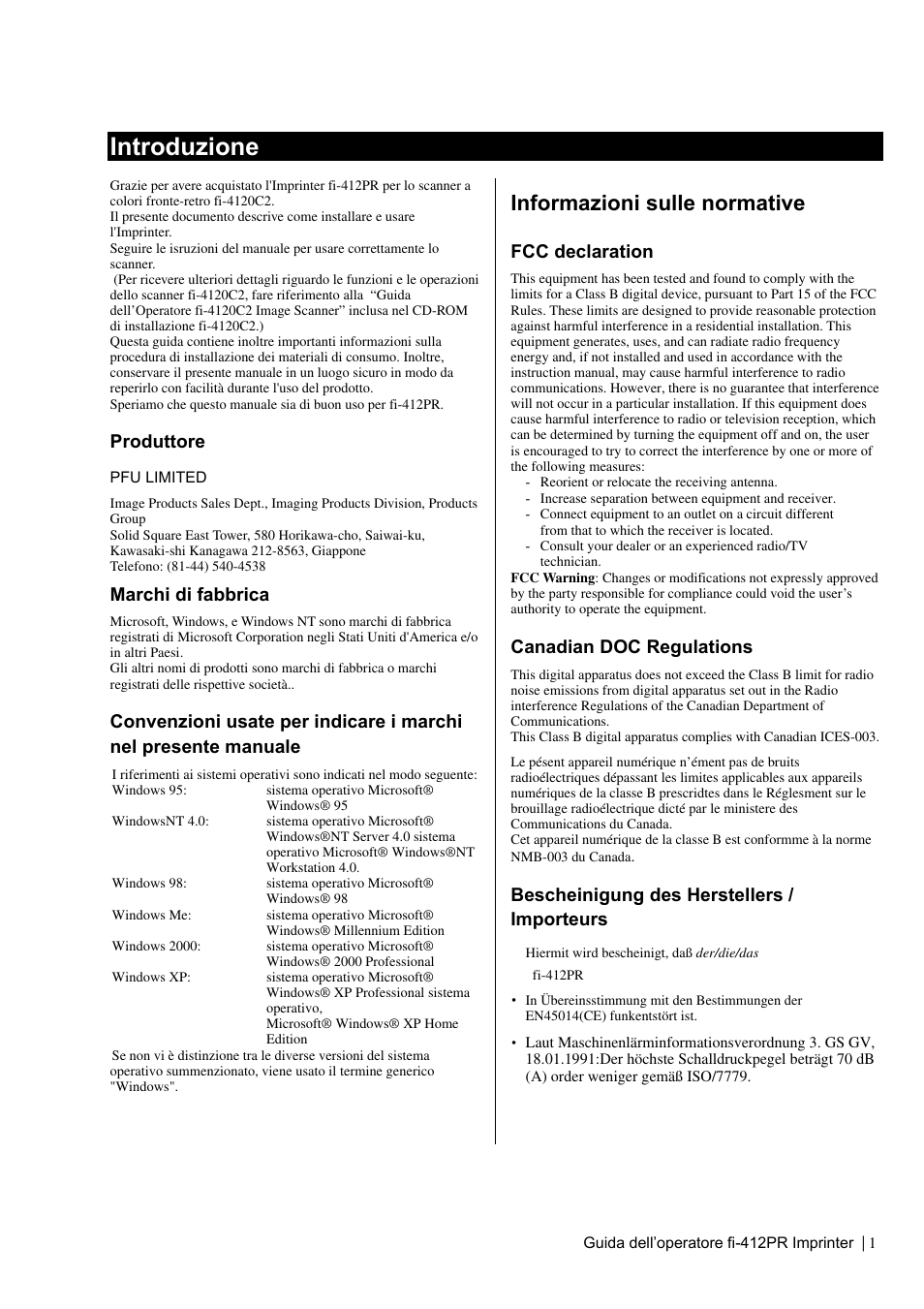 Introduzione, Informazioni sulle normative, Produttore | Marchi di fabbrica, Fcc declaration, Canadian doc regulations, Bescheinigung des herstellers / importeurs | Dell fi-412PR User Manual | Page 65 / 128