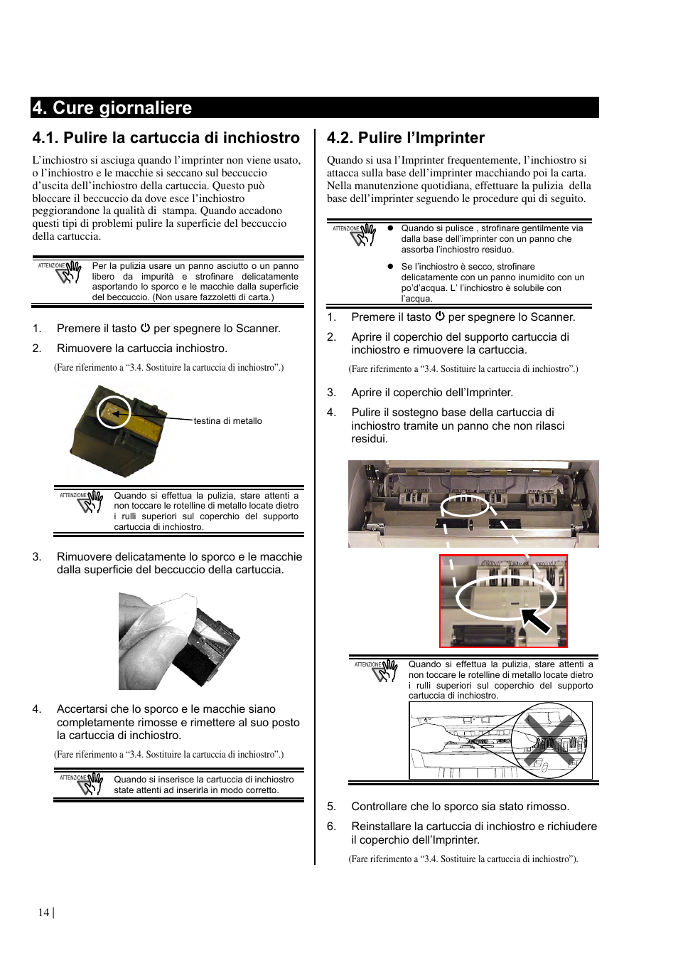 Cure giornaliere, Pulire la cartuccia di inchiostro, Pulire l’imprinter | Dell fi-412PR User Manual | Page 78 / 128