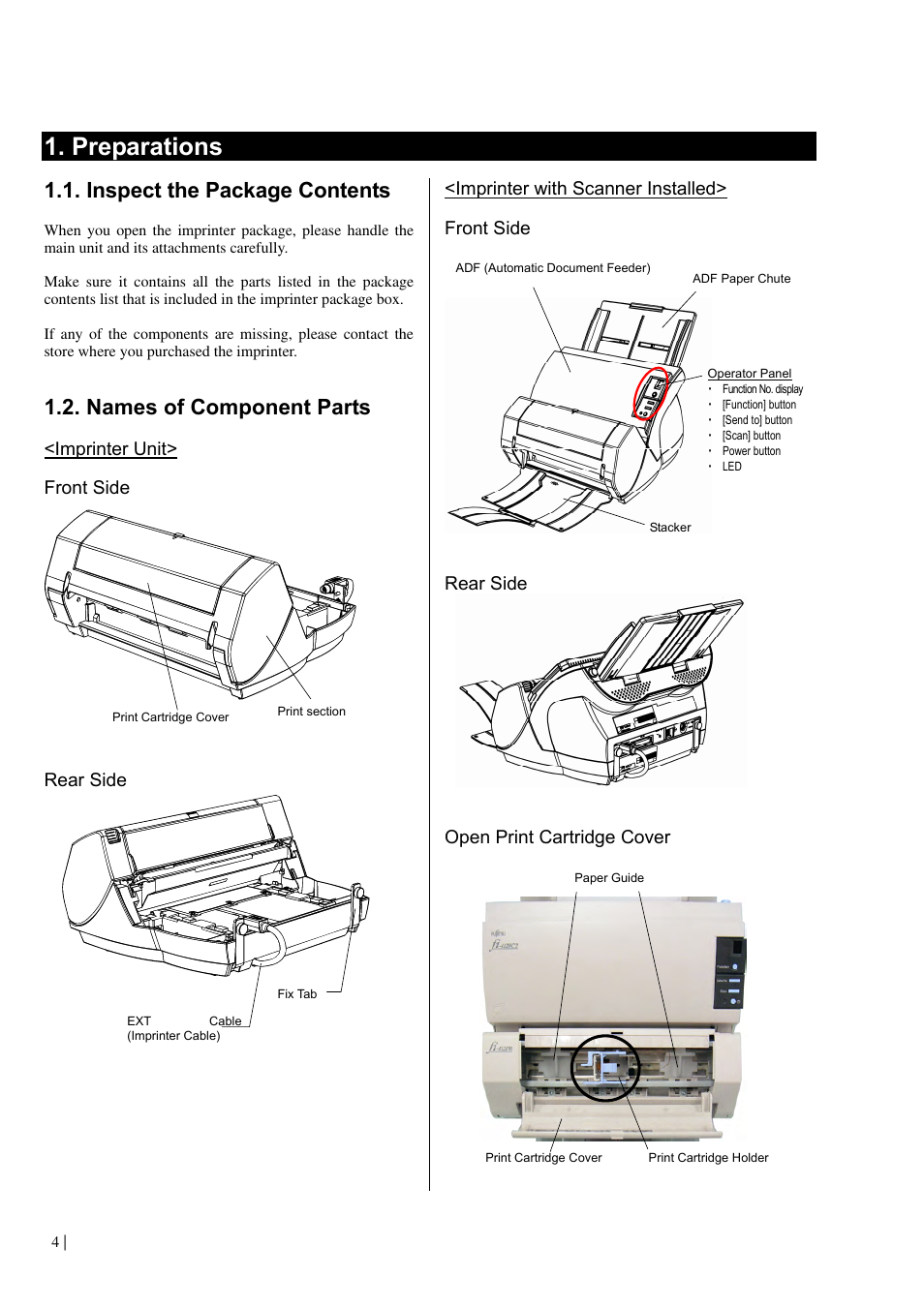 Preparations, Inspect the package contents, Names of component parts | Imprinter unit, Front side, Rear side, Imprinter with scanner installed, Open print cartridge cover | Dell fi-412PR User Manual | Page 8 / 128