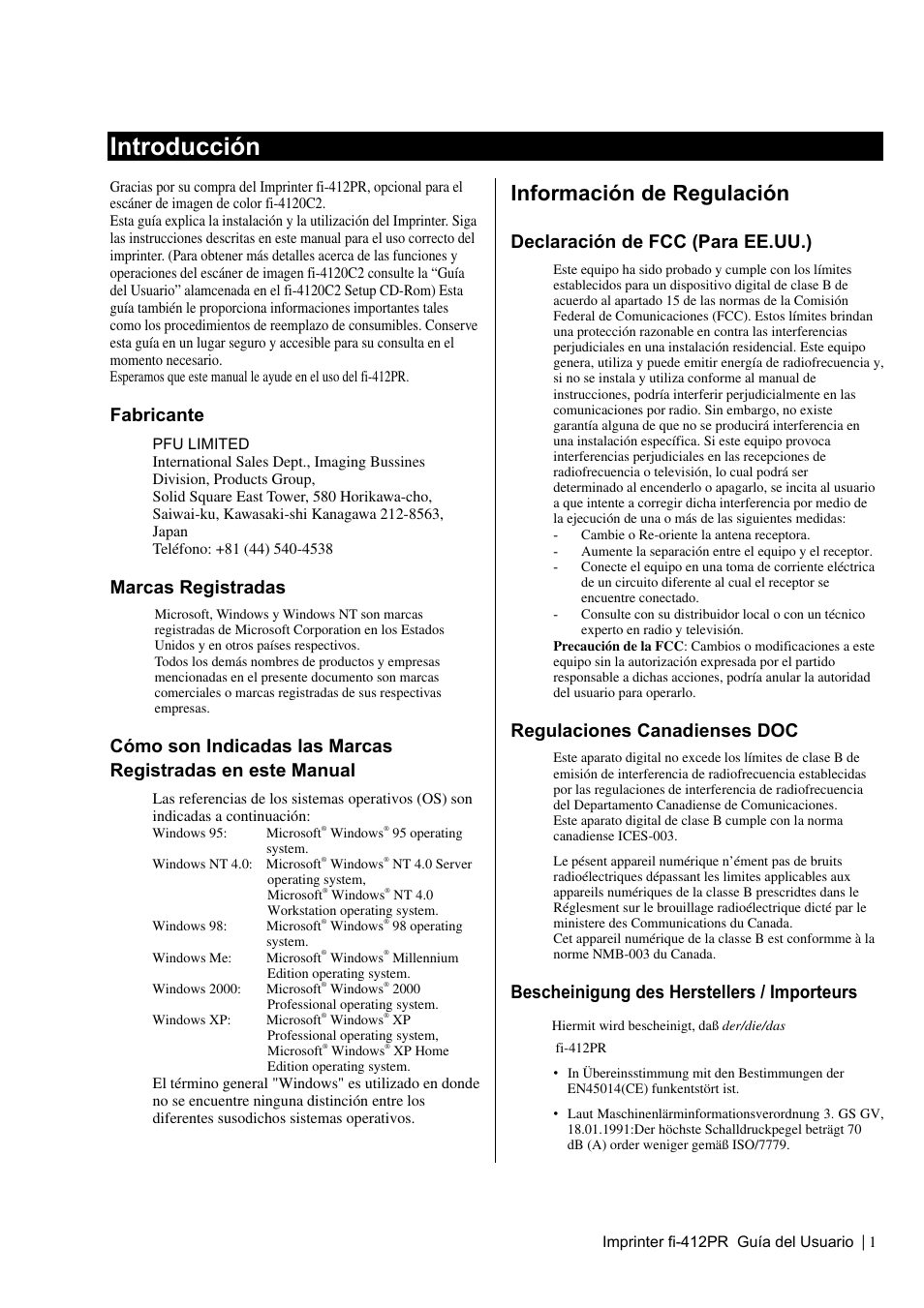 Introducción, Información de regulación, Fabricante | Marcas registradas, Declaración de fcc (para ee.uu.), Regulaciones canadienses doc, Bescheinigung des herstellers / importeurs | Dell fi-412PR User Manual | Page 85 / 128