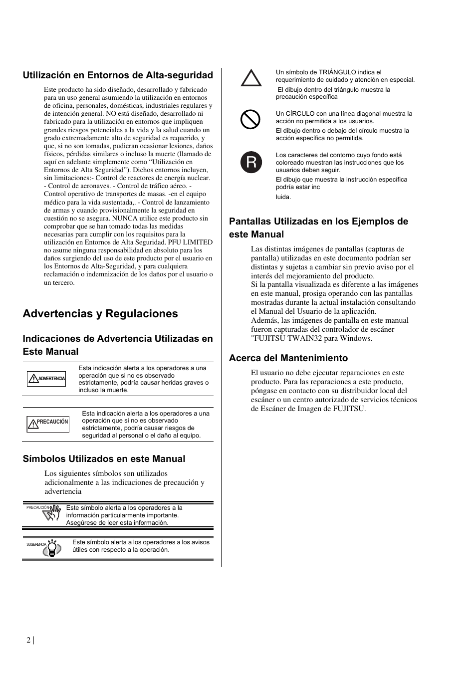Advertencias y regulaciones, Utilización en entornos de alta-seguridad, Símbolos utilizados en este manual | Acerca del mantenimiento | Dell fi-412PR User Manual | Page 86 / 128