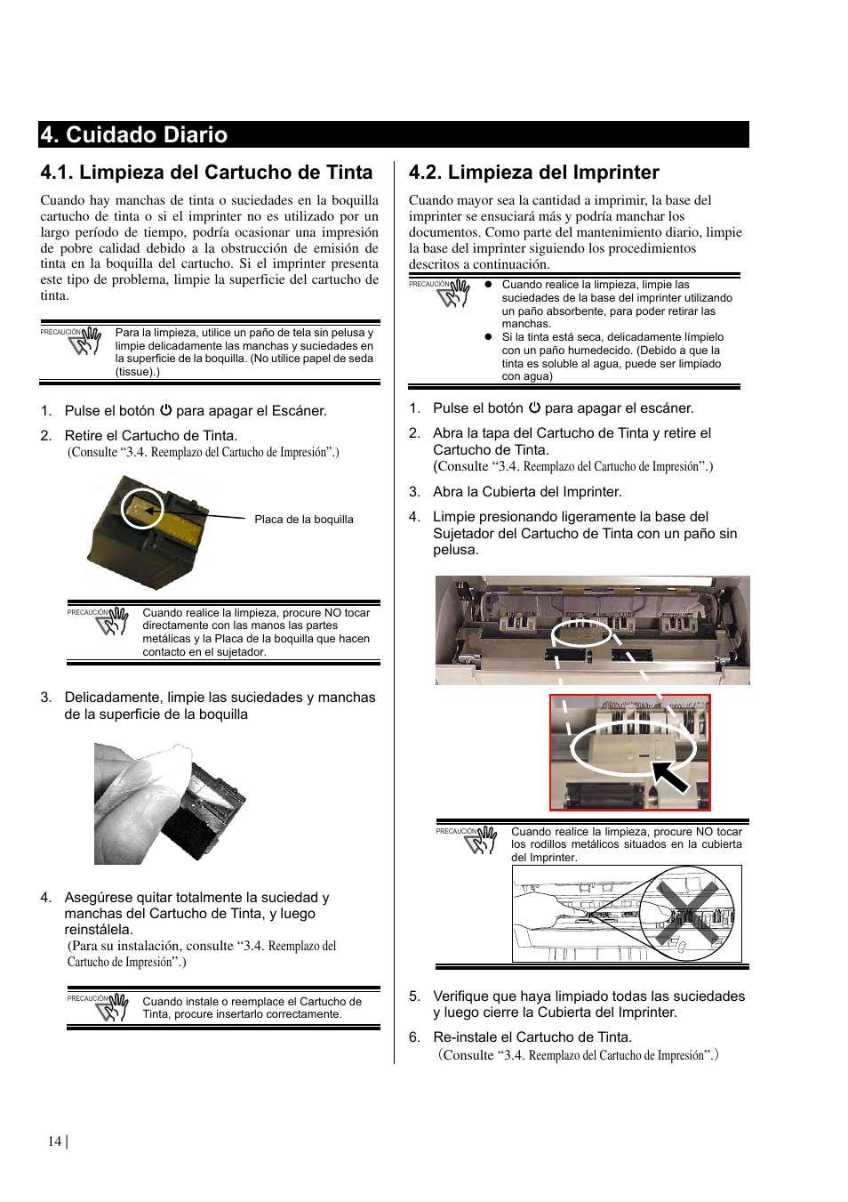 Cuidado diario, Limpieza del cartucho de tinta, Limpieza del imprinter | Dell fi-412PR User Manual | Page 98 / 128